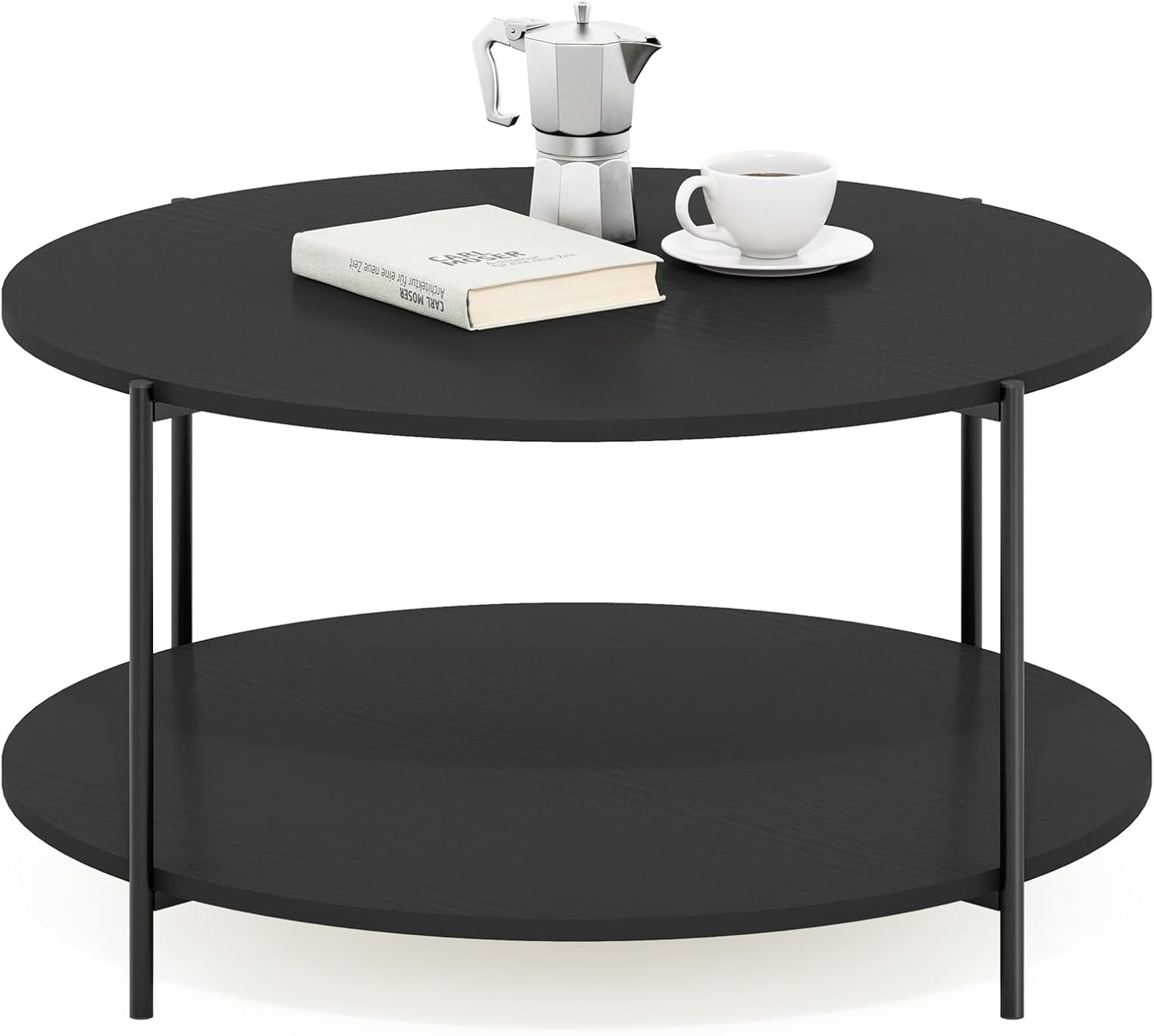 Detalle de Furinno BESI Tavolino da caffè rotondo a 2 livelli con vano contenitore e gambe in metallo – Americano scuro