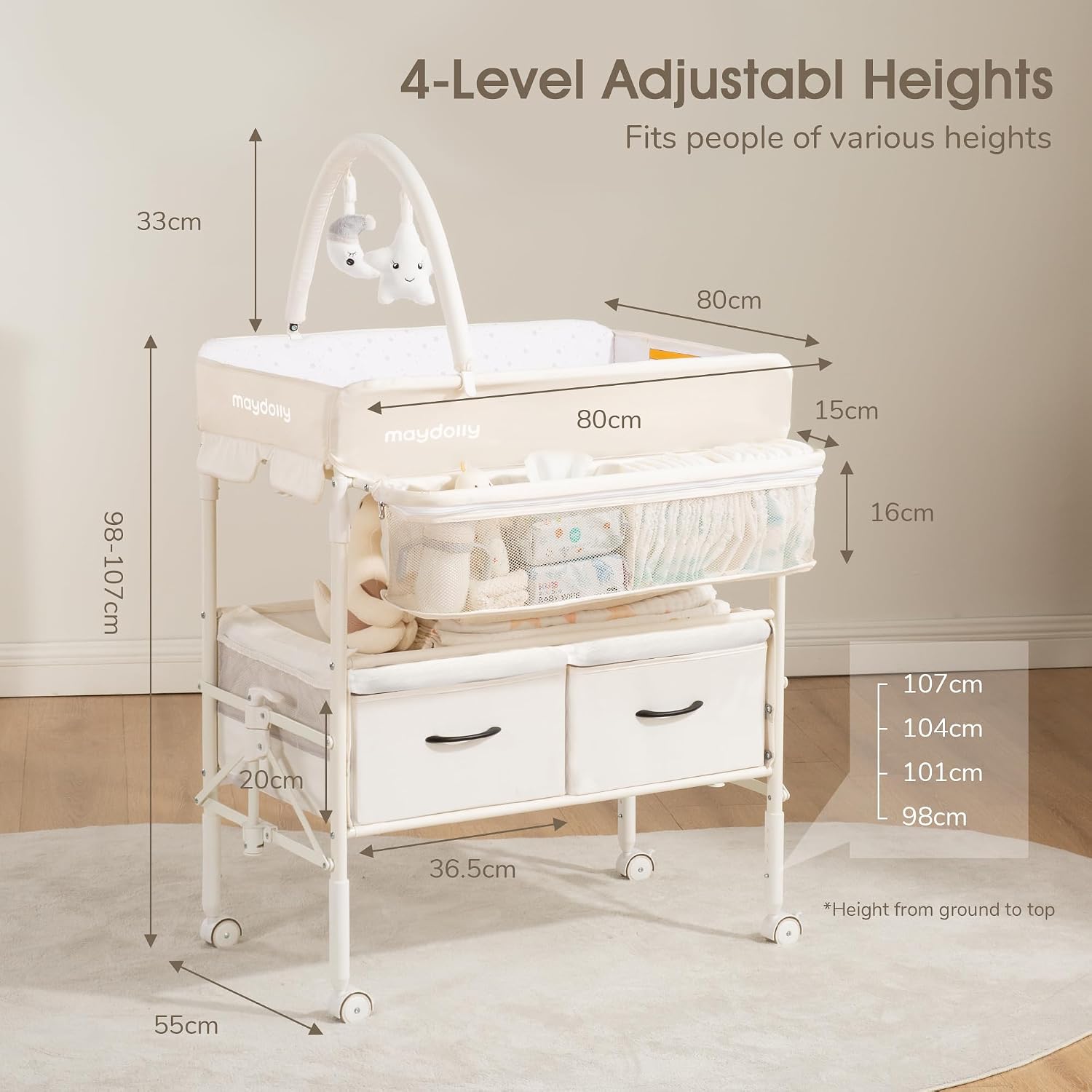 Detalle 1 de Maydolly babycommode, opvouwbaar en in hoogte verstelbaar met waterdicht verschoonkussen