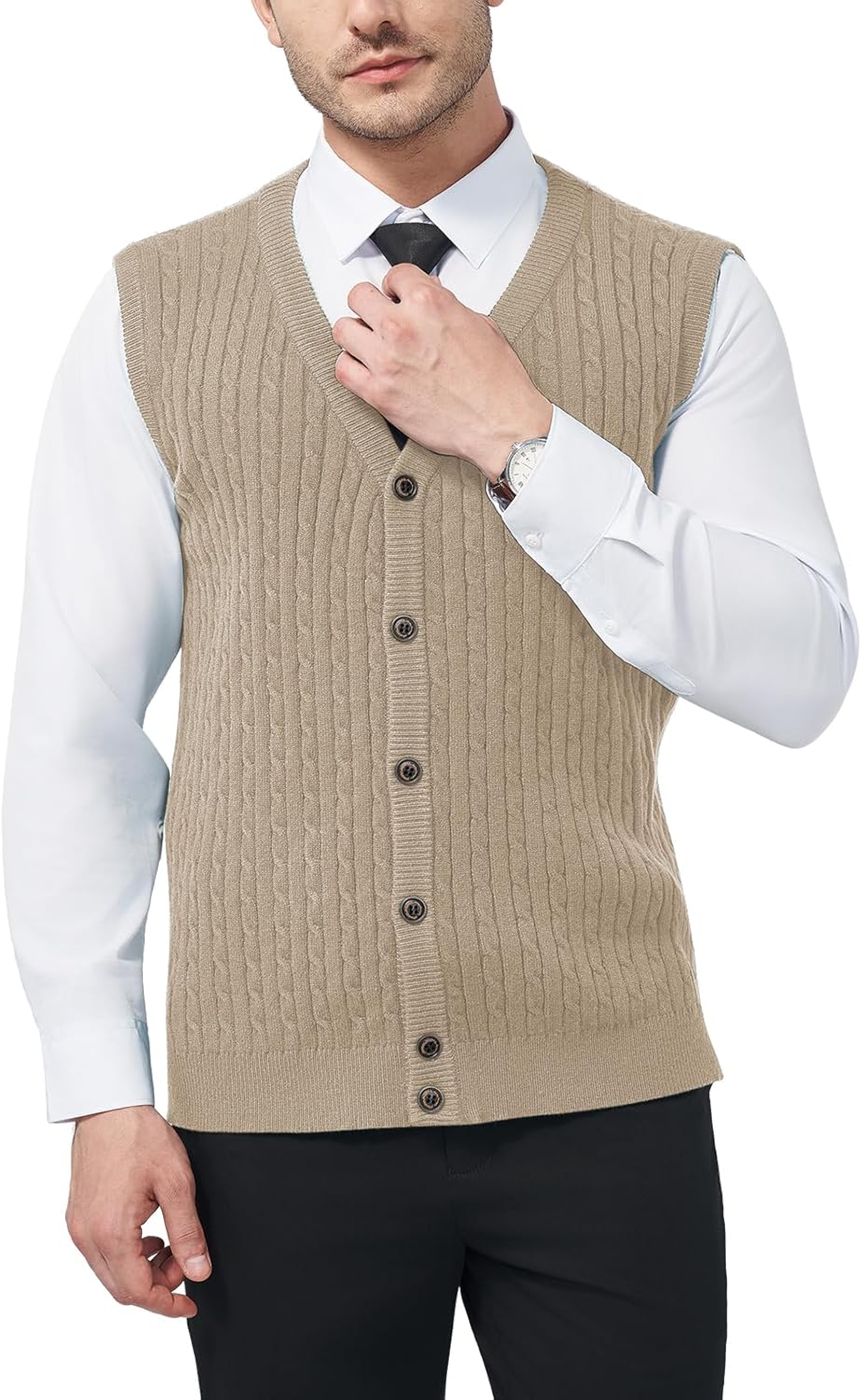 Thumbnail 6 de KUYIGO Men's V Neck Knitted Gilet Vest with Buttons – Premium Cable-Knit Tank Top