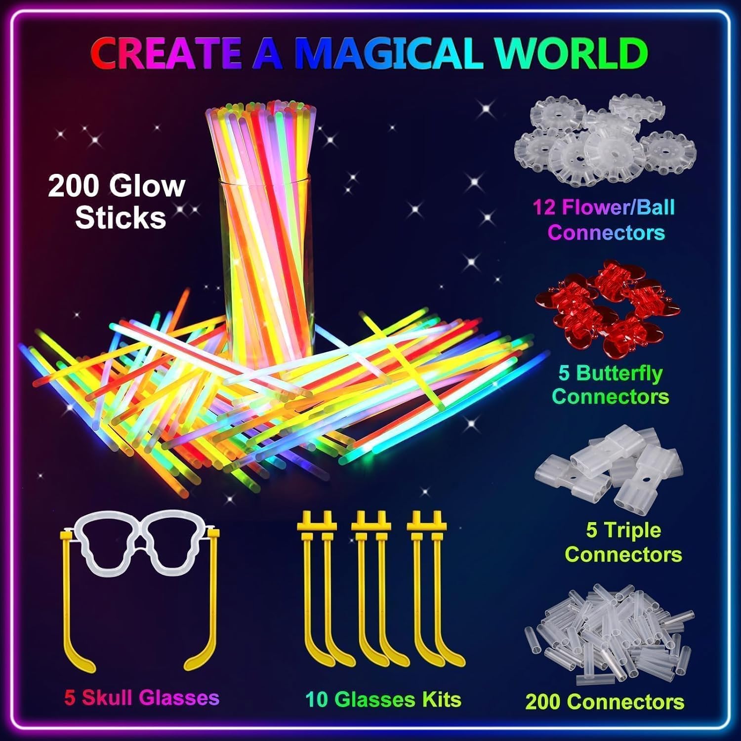 Thumbnail 4 de BUDI 467Pcs Glow Sticks Party Kit: 200 Glow Sticks (8 colors, 8 inch) + 267 Connectors for Necklaces, Bracelets, Glasses