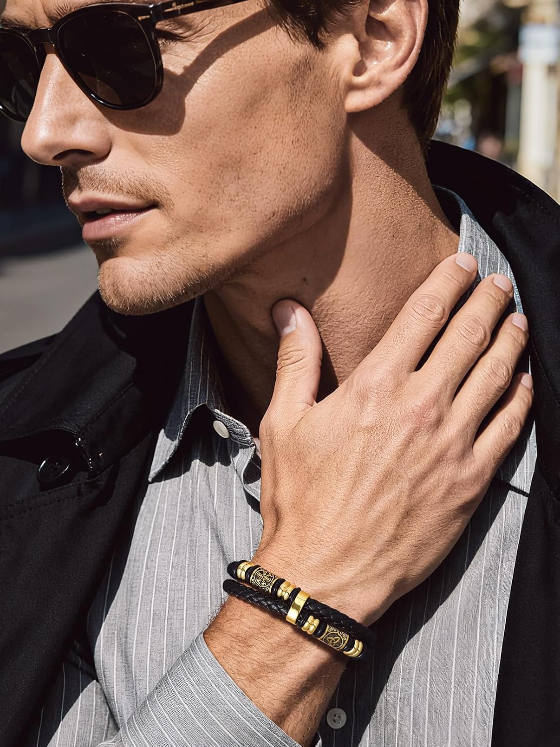 Detalle de Bandmax Bracelet en cuir tressé avec fermoir magnétique – Longueurs 19/21/23/25 cm