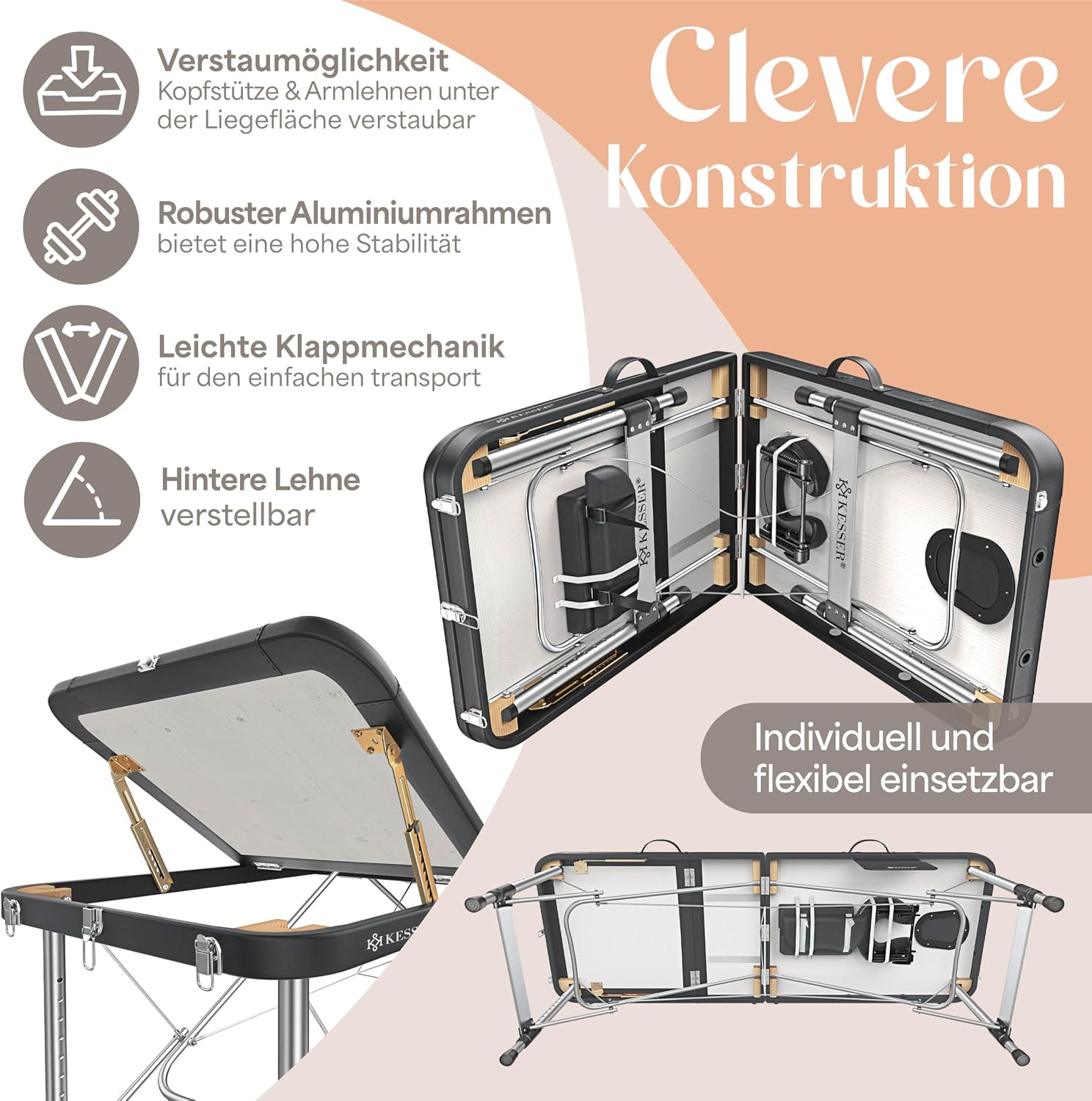 Detalle de KESSER Massageliege 3 Zonen bis 250 kg – klappbar, verstellbar, tragbar inkl. Alu-Kopfstütze und Tragetasche