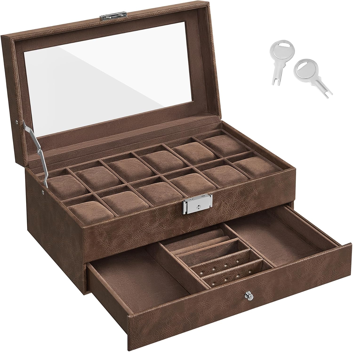 Detalle de SONGMICS Boîte à Montres 12 Emplacements JWB012K01V1 – Coffret à Montres à deux niveaux avec couvercle en verre