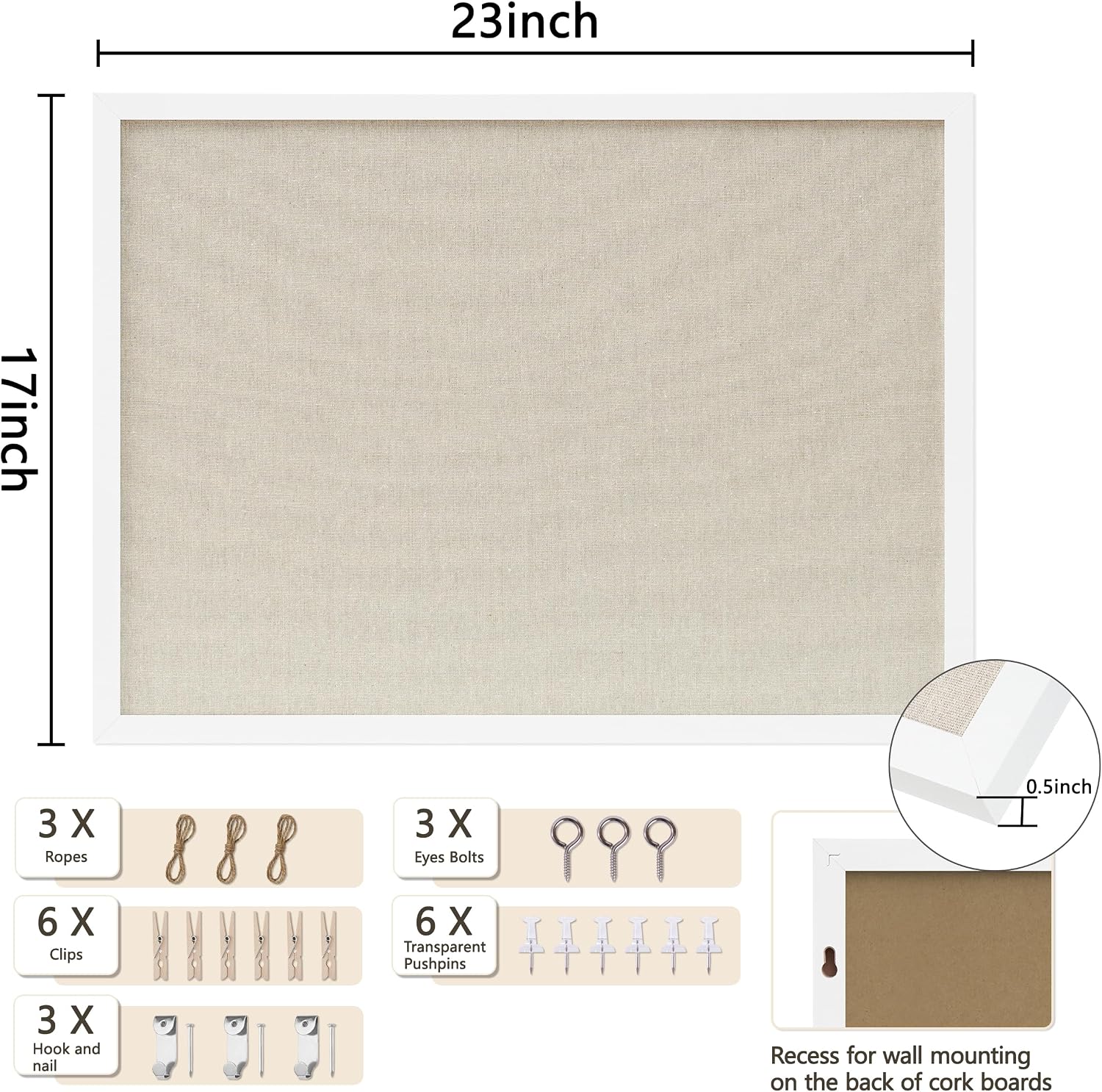 Thumbnail 1 de DAHAPYBOO HAPYBLBO17X23WP1 Cork Board, 23 x 17-Inch White Linen Bulletin Board