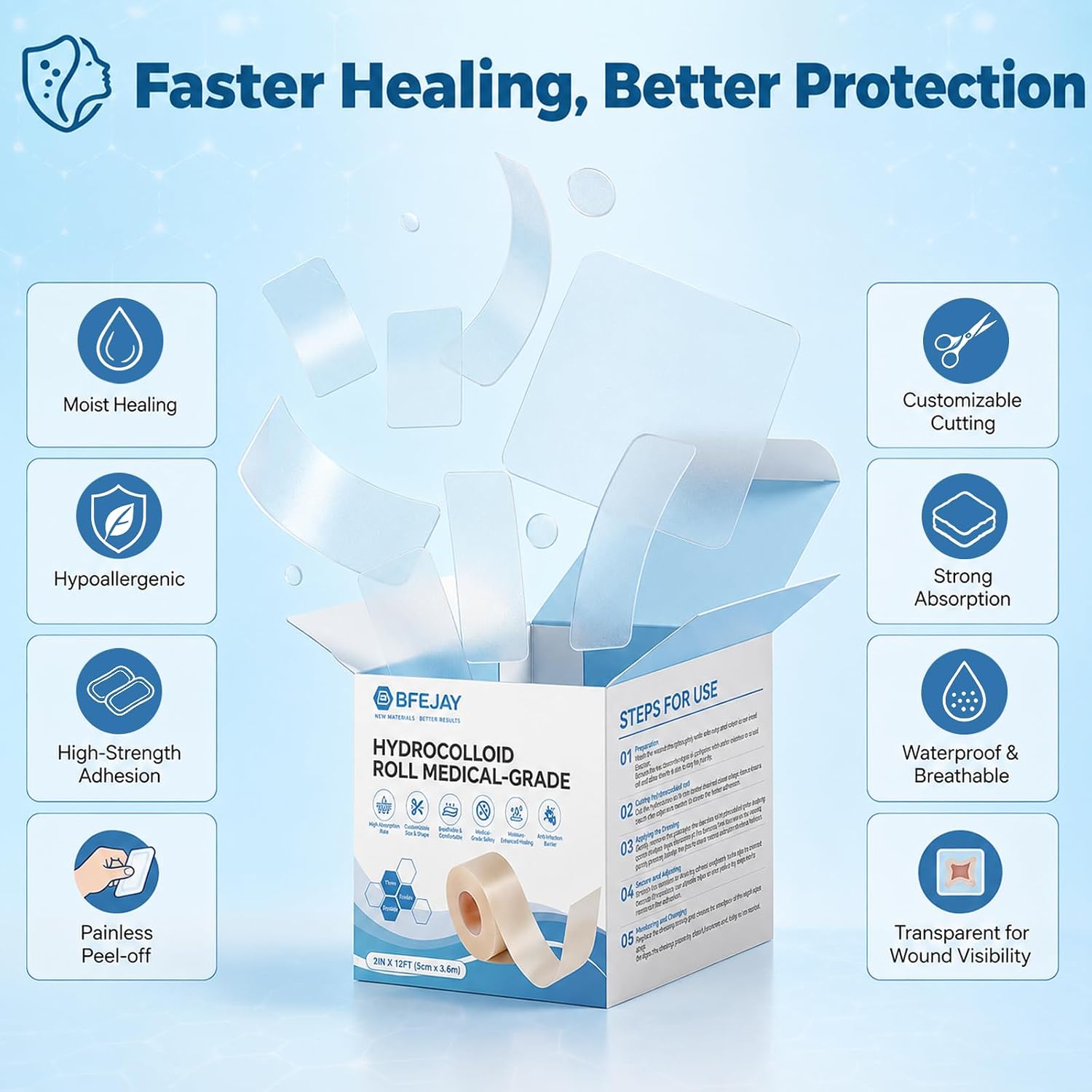 Thumbnail 6 de BFEJAY Hydrocolloid Bandage Roll, 2 in x 4.8 ft, Cut-to-Size and Waterproof