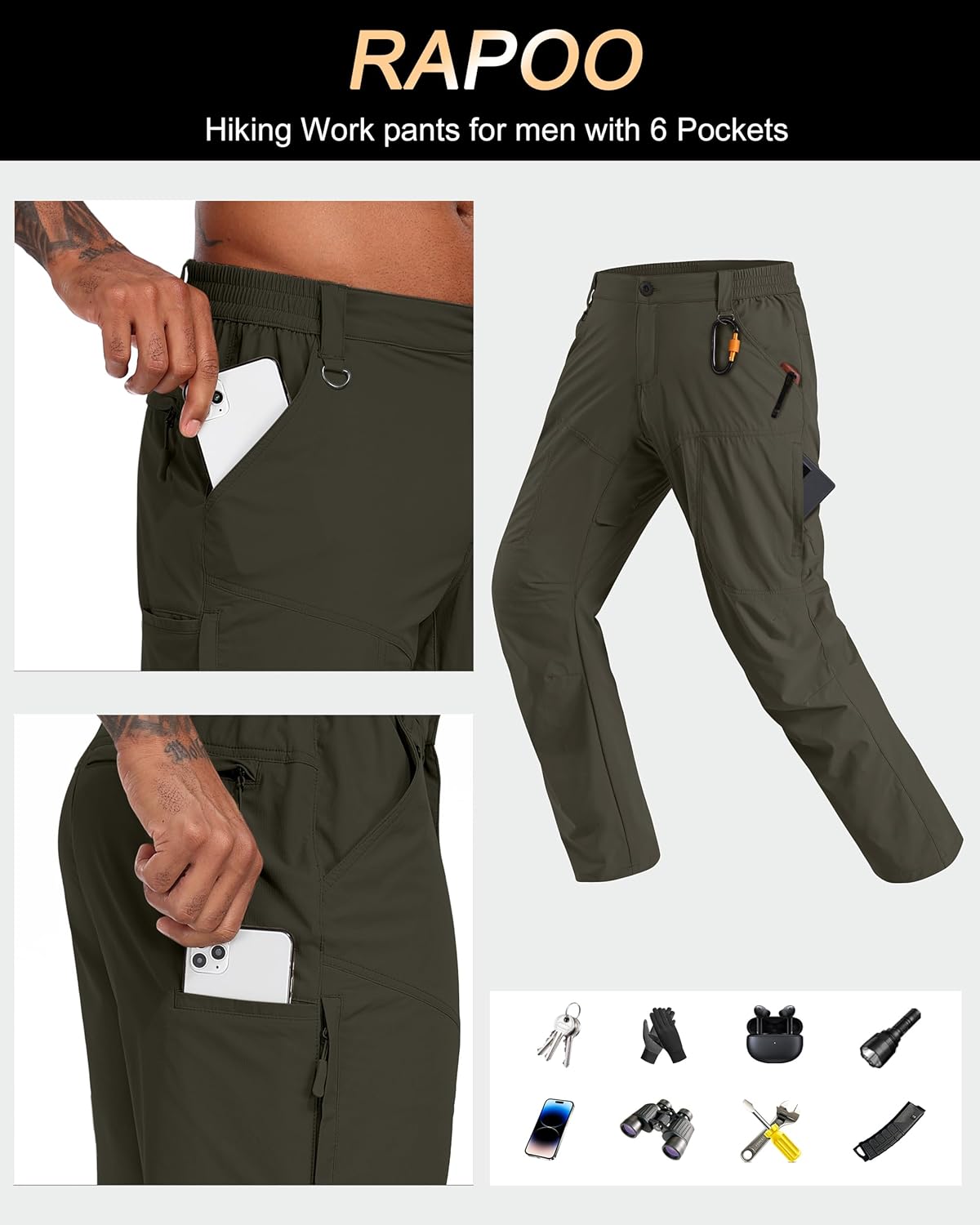 Thumbnail 5 de Rapoo Mens Hiking Pants: Lightweight, Water-Resistant Nylon Cargo Pants with 6 Pockets