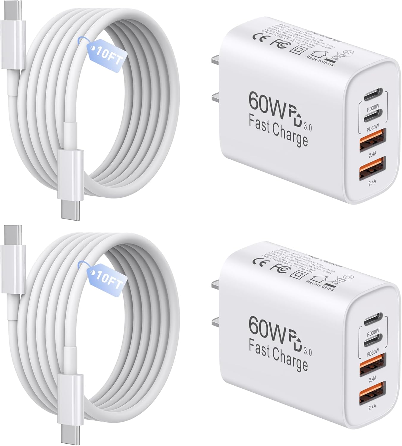 Detalle de 60W USB C Charger, 2-Pack with 10FT Cables — Fast 4-Port Charging Block for iPhone 17 Pro Max and More