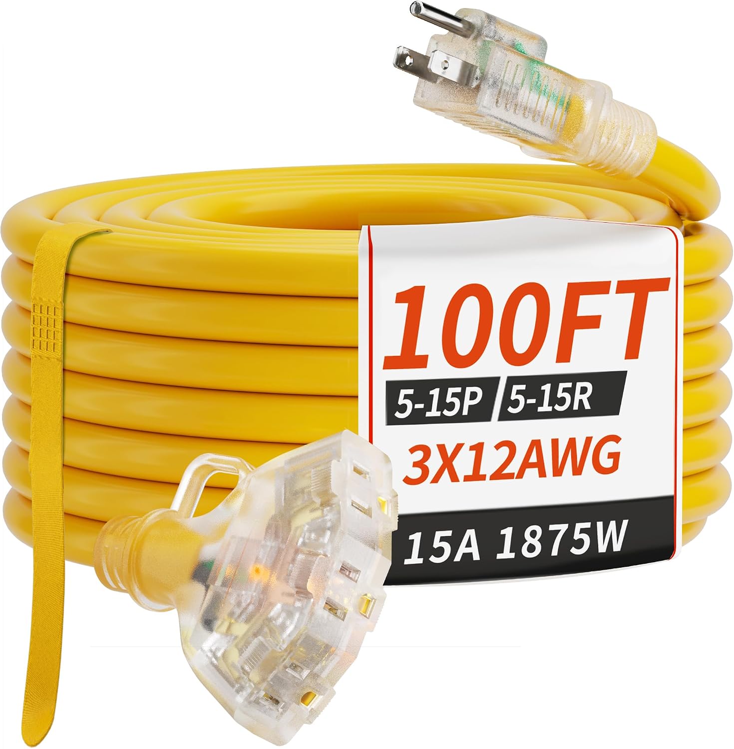 Detalle de PlugSaf PlugSaf-100F-12G-3C 100-Foot Outdoor Extension Cord, 12-Gauge, 3 Outlets