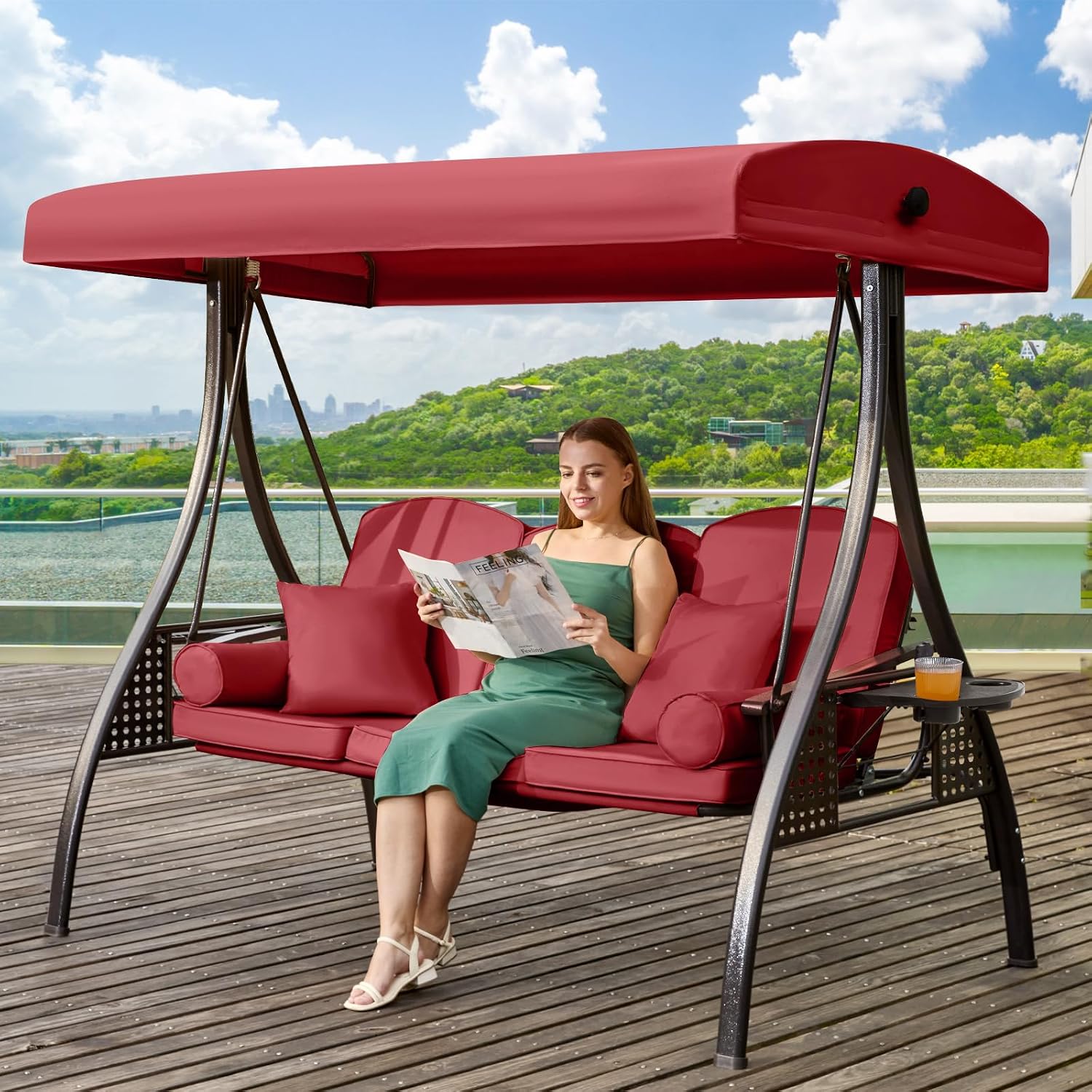 Detalle de Yalissey 3-Seat Porch Swing, Wine Red