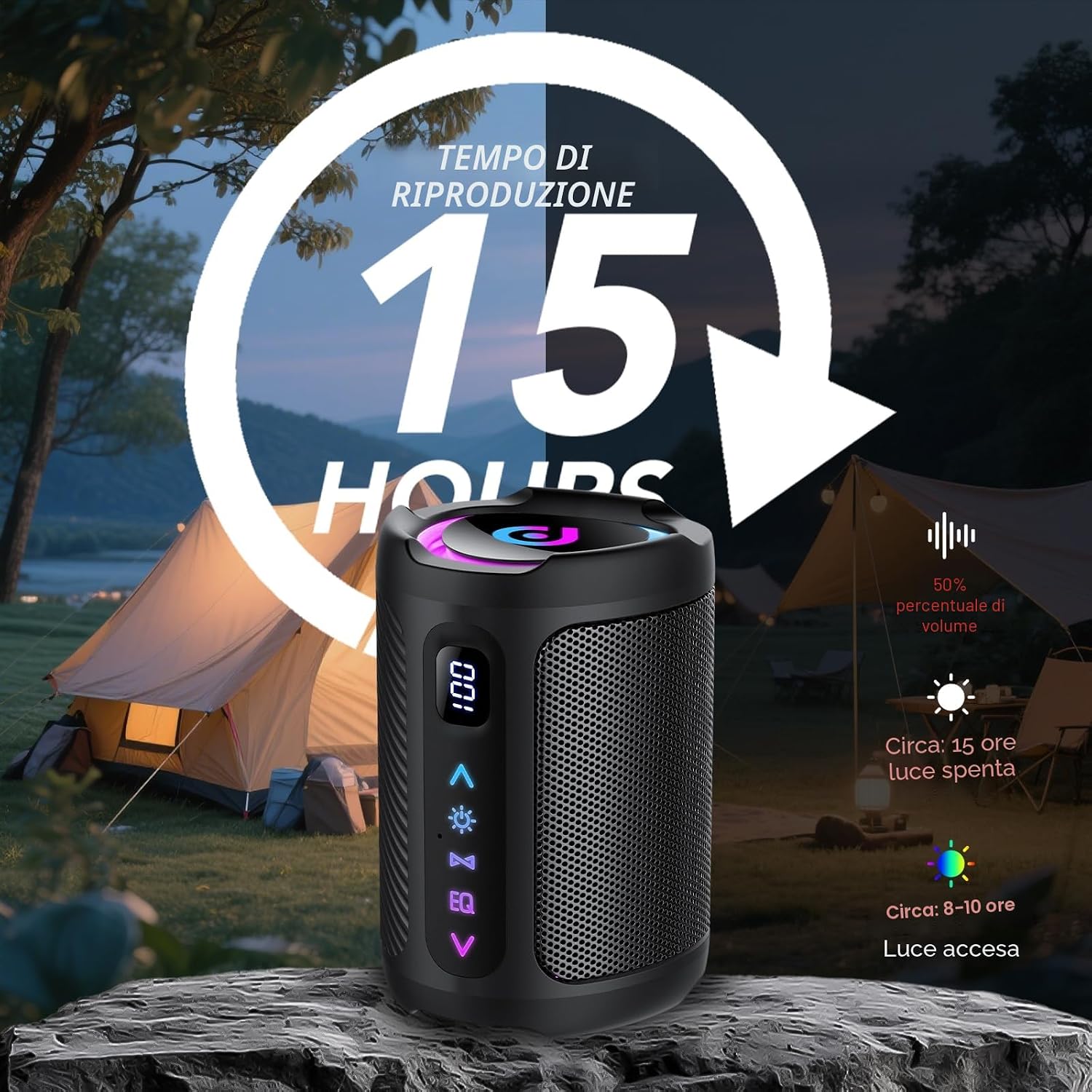 Detalle de Cassa Bluetooth Portatile con Display Digitale, LED RGB e Smart EQ — 24h di autonomia, IPX7, Bluetooth 5.4