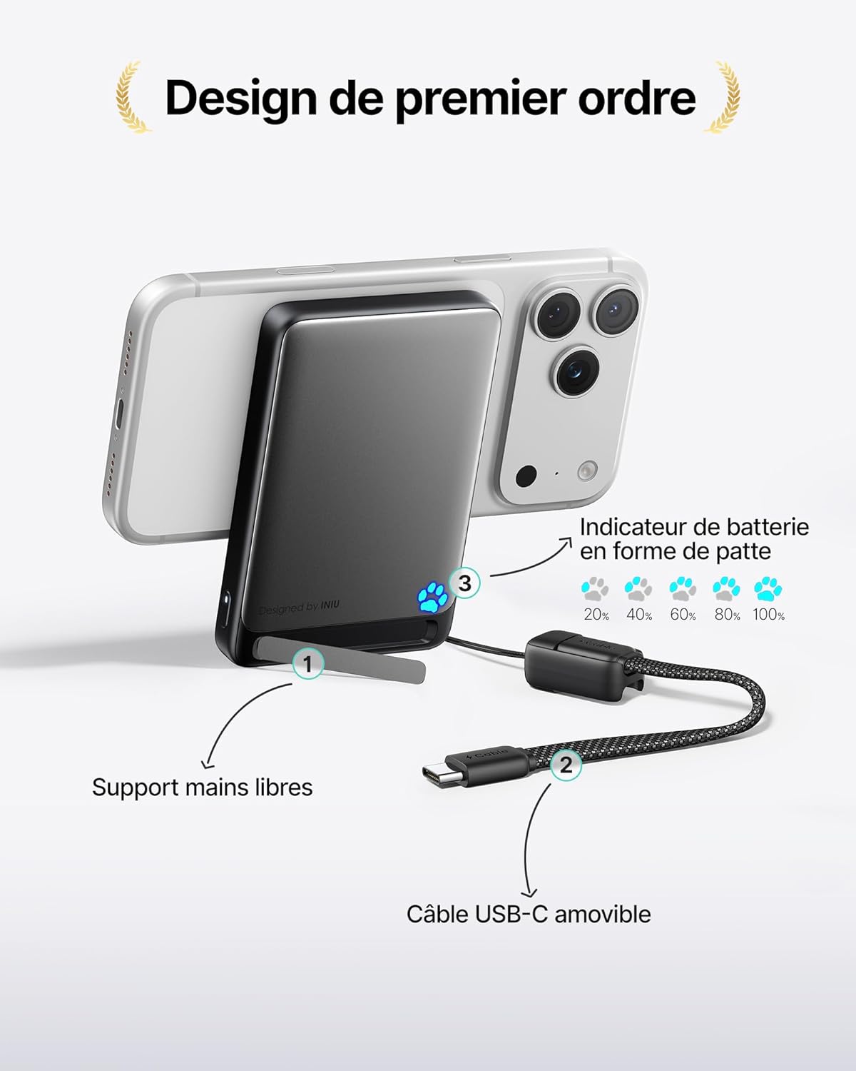 Detalle de INIU Ultra-fine Power Bank 10000mAh pour MagSafe – 45W, Qi2 ETL, avec câble USB-C et Support magnétique