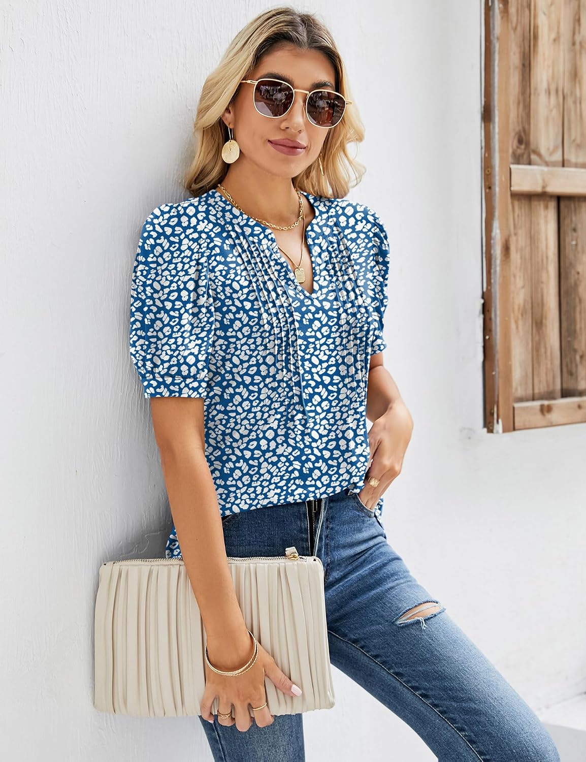 Thumbnail 3 de EFFAN Womens V Neck Puff Sleeve Floral Tunic Top