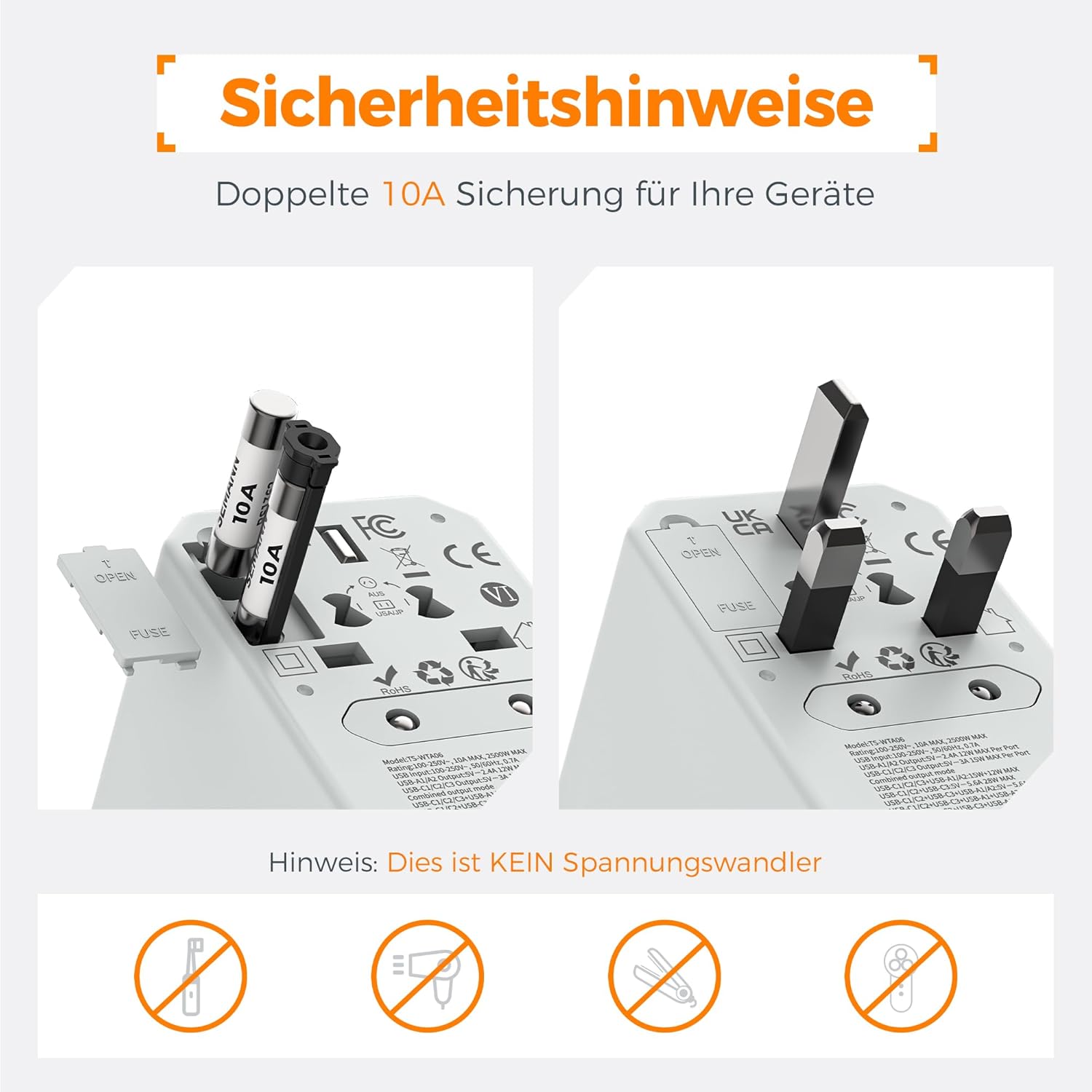 Thumbnail 4 de TESSAN Reiseadapter 2500W mit 3 USB‑C und 2 USB‑A 🔌