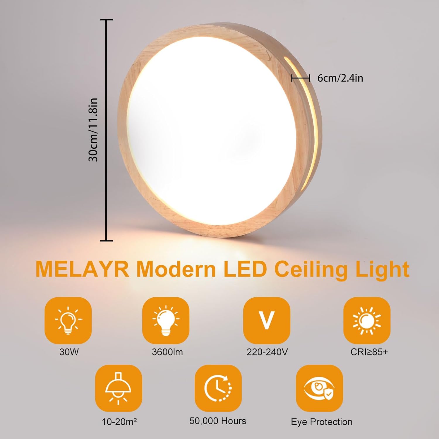 Thumbnail 5 de MELAYR Ceiling Lights LED 30W, 3000K Warm Flush Ceiling Lighting – Ø30cm, 3600LM, CRI≥80, Wooden Finish