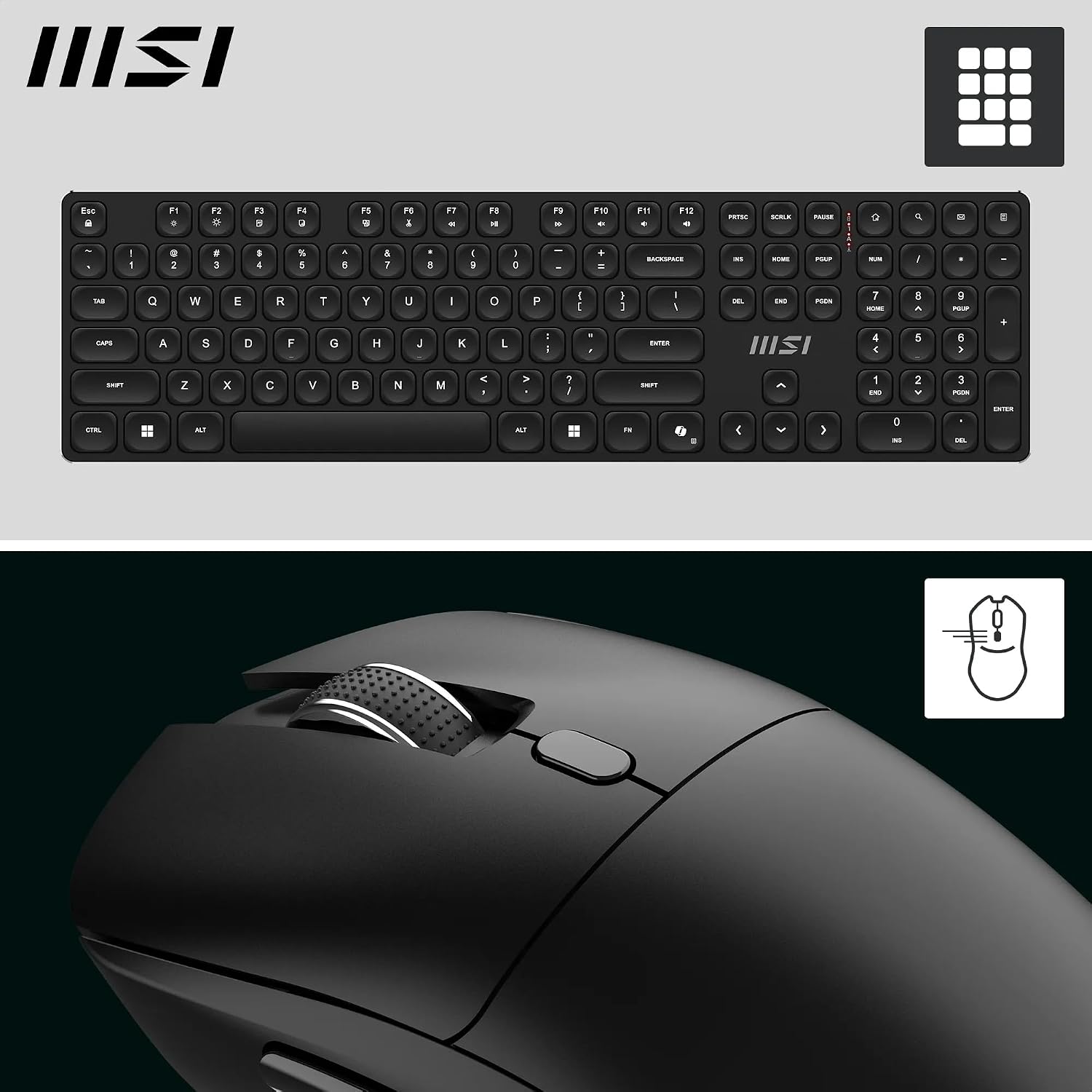 Detalle de MSI FORGE K210 Wireless Keyboard & Mouse Bundle (UK QWERTY) – Scissor Switches, 2.4GHz, Rechargeable, 120h/30h