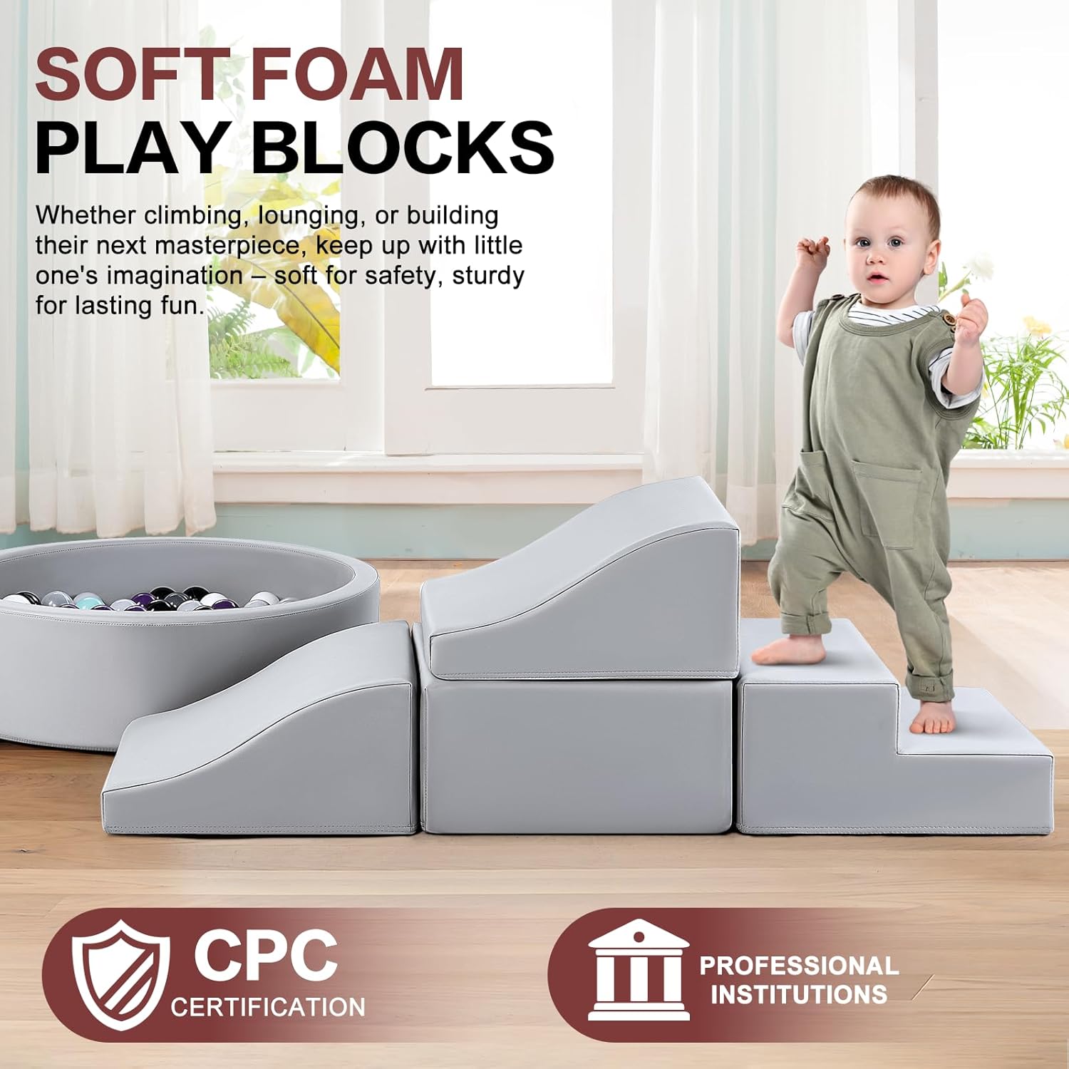 Detalle 2 de JungleDove 5-Piece PU Leather Indoor Soft Play Set with Ball Pool (Grey)