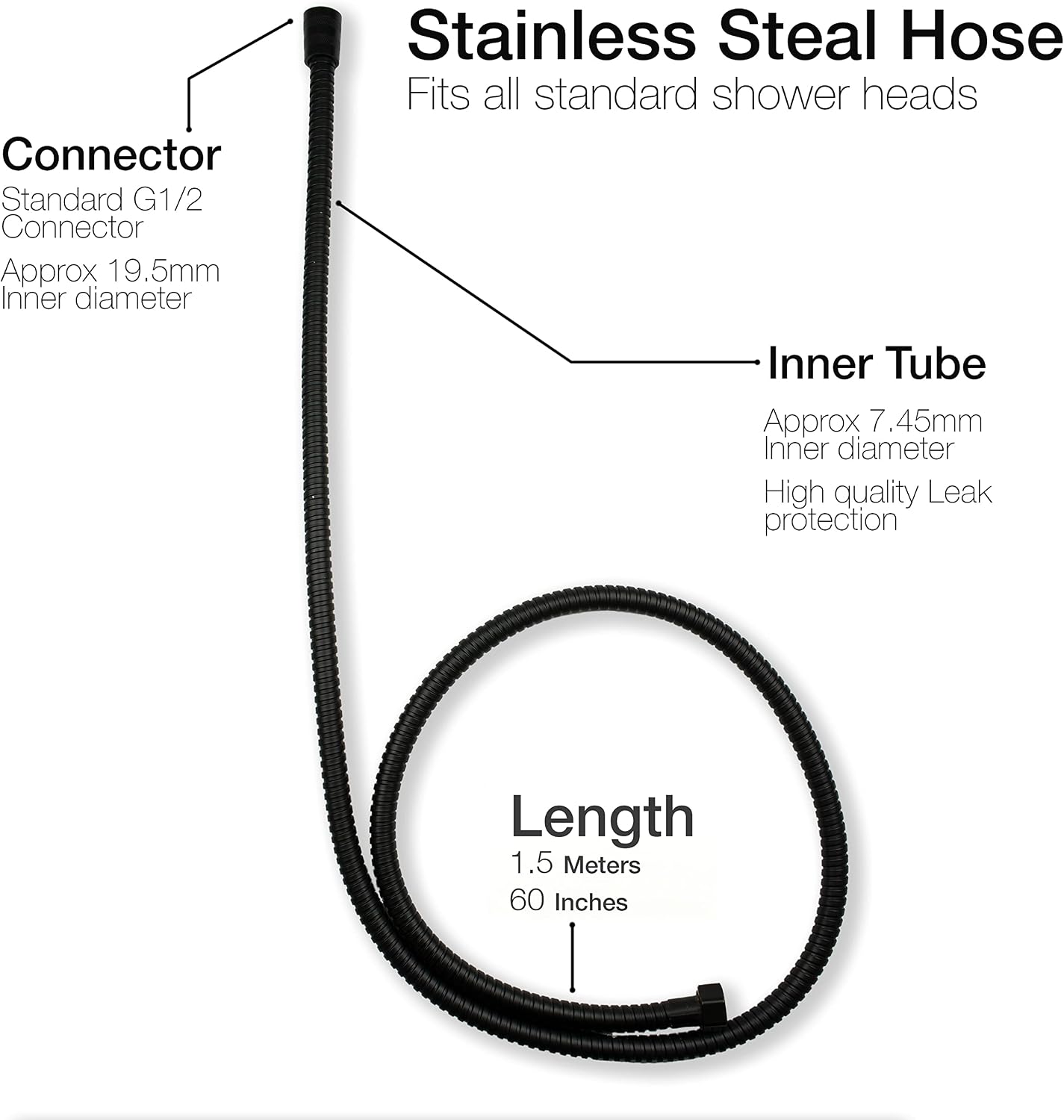 Thumbnail 3 de Xcel Home 1.5m Black Leakproof Flexible Stainless Steel Anti-Kink Shower Hose