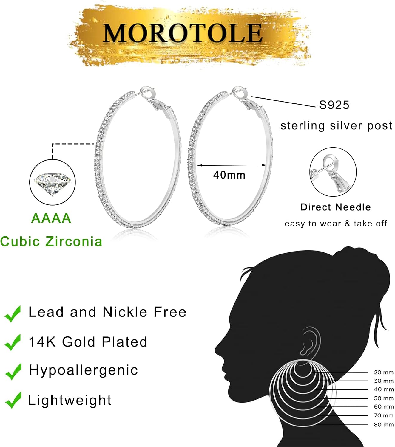 Thumbnail 2 de MOROTOLE 14K Gold Strass Creolen – große Reif-Ohrringe mit Zirkonia, hypoallergen