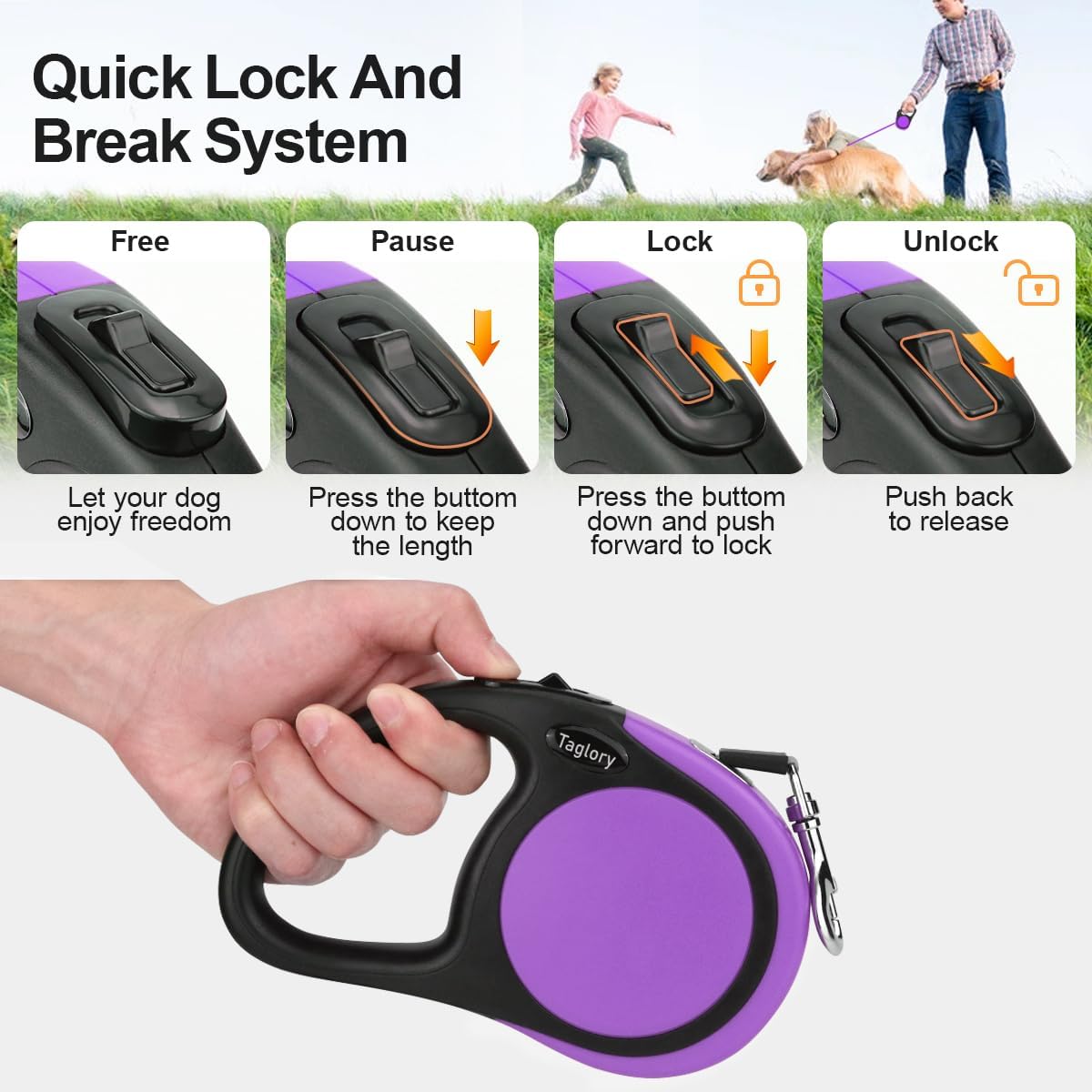 Detalle de Taglory Retractable Dog Lead 5 m (Purple) – 360° No-Tangle Extendable Leash for Small & Medium Dogs up to 20 kg