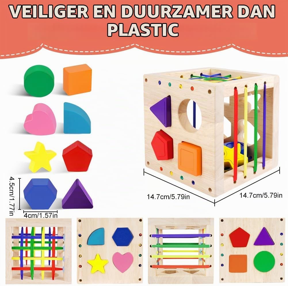 Detalle 2 de Ainiv houten vormensorteerkubus met 8 kleurrijke blokken, vanaf 1 jaar