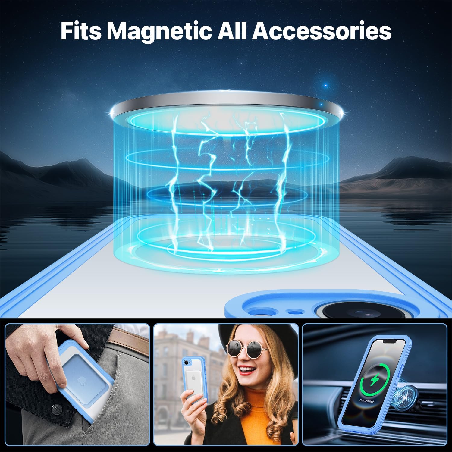 Detalle de CENHUFO Compatible iPhone 16e Case with Built-in 9H Glass Screen Protector and MagSafe Ring (Blue)