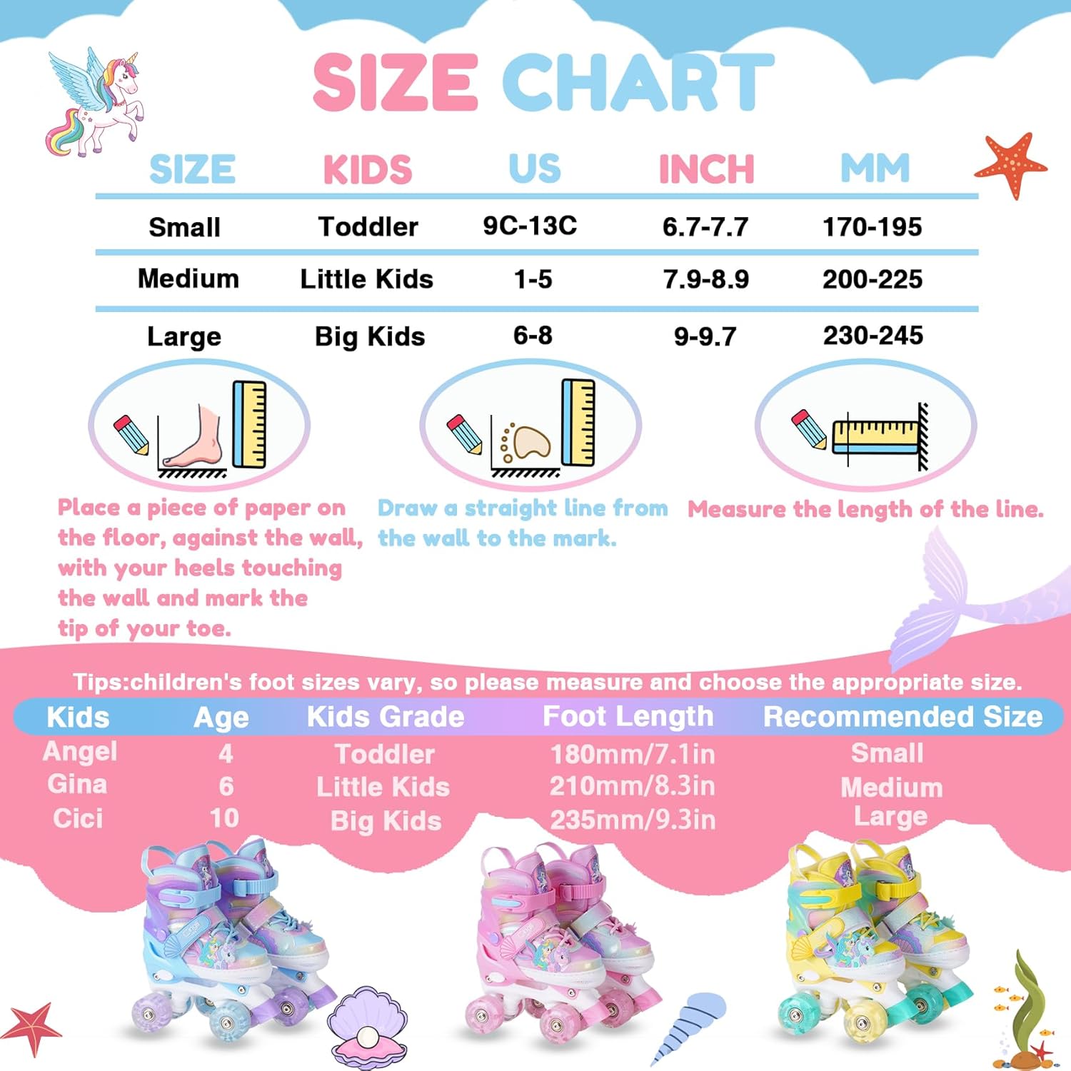 Thumbnail 5 de Girls Roller Skates for Kids Ages 3-12 Adjustable Light-Up Glowing Wheels