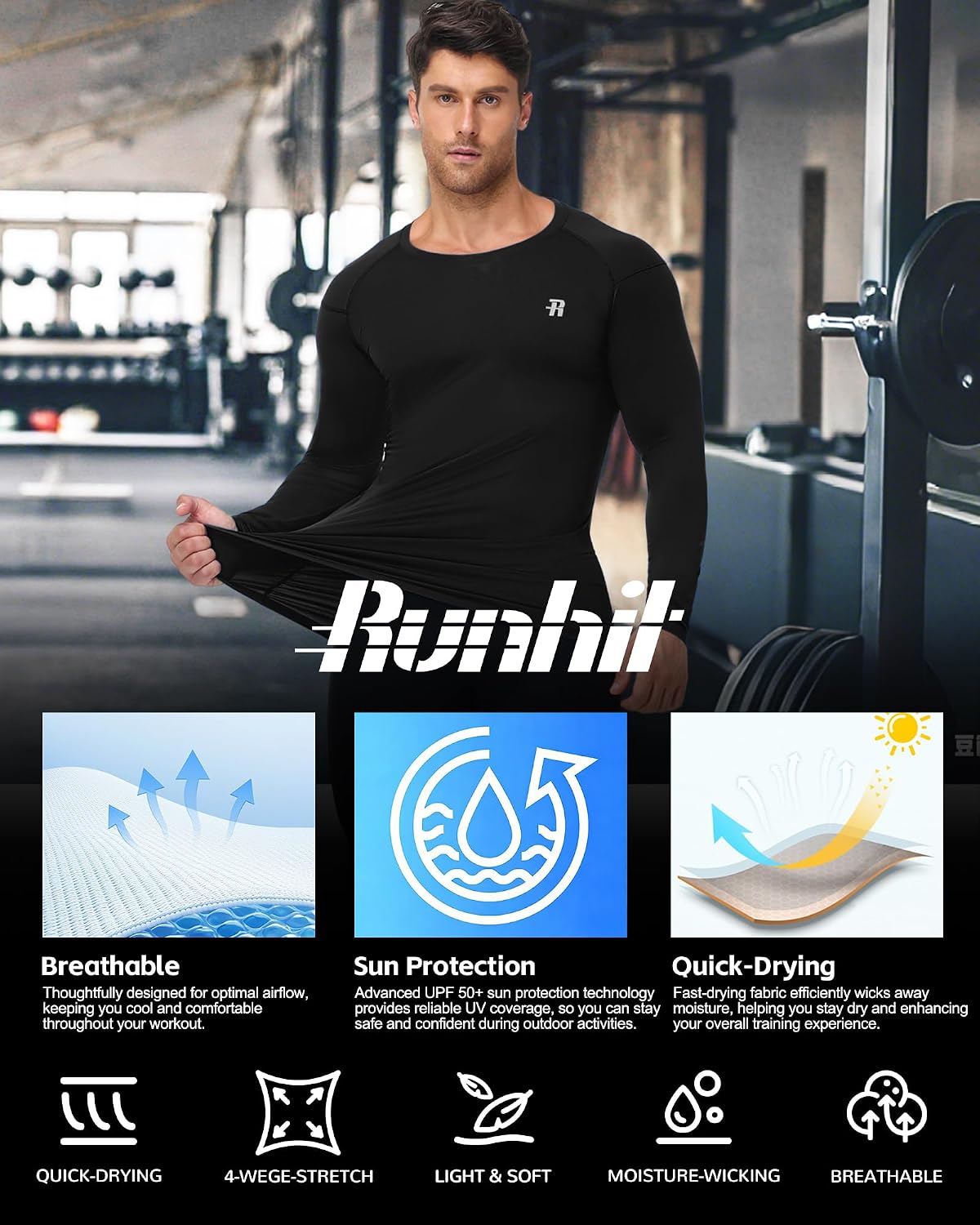 Detalle de Runhit Men’s Compression Base Layer Long Sleeve Top with UPF 50+ quick-dry fabric