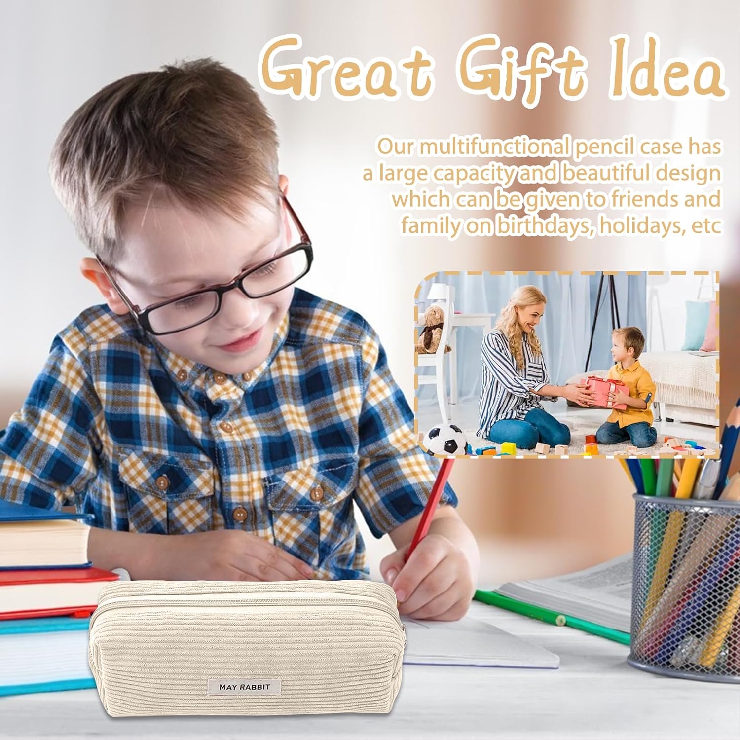 Thumbnail 6 de Electri-HQ Pencil Case (Creme) – Federmäppchen aus Cord-Stoff mit 8 Farben, 19×7×6 cm
