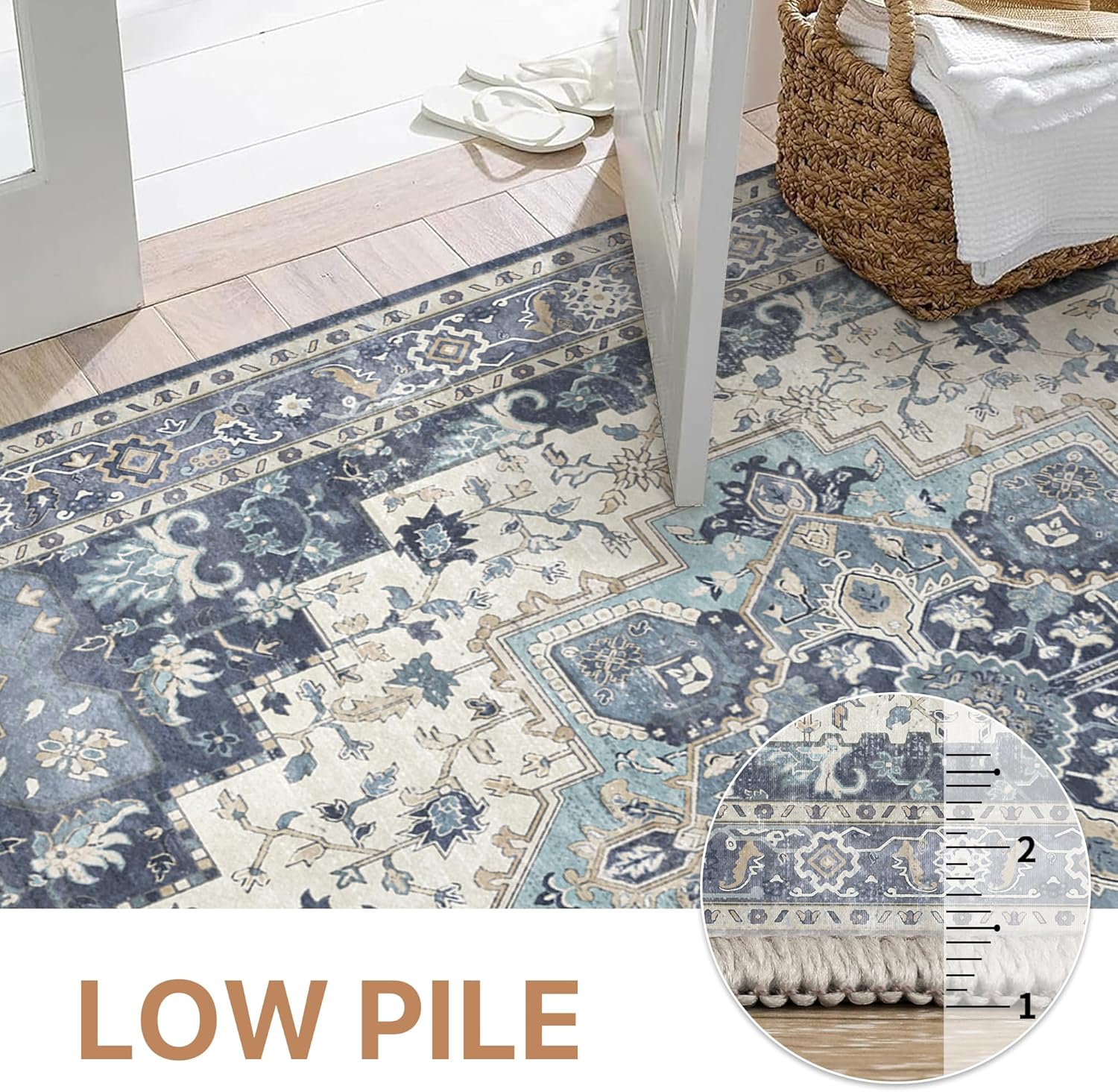 Detalle de GENIMO 2x7 Washable Runner Rug Non Slip for Hallway, Blue Ivory Vintage Floral