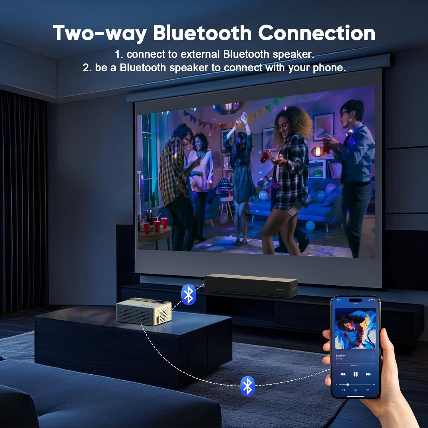 Thumbnail 2 de TMY 1080P Full HD Portable Mini Projector (V08) with Bluetooth 5.1 and Included Screen