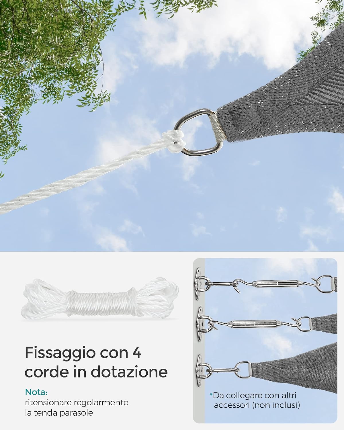 Thumbnail 6 de Vela parasole SONGMICS 3 x 4 m in tessuto HDPE grigio fumo – protezione permeabile per terrazza e giardino