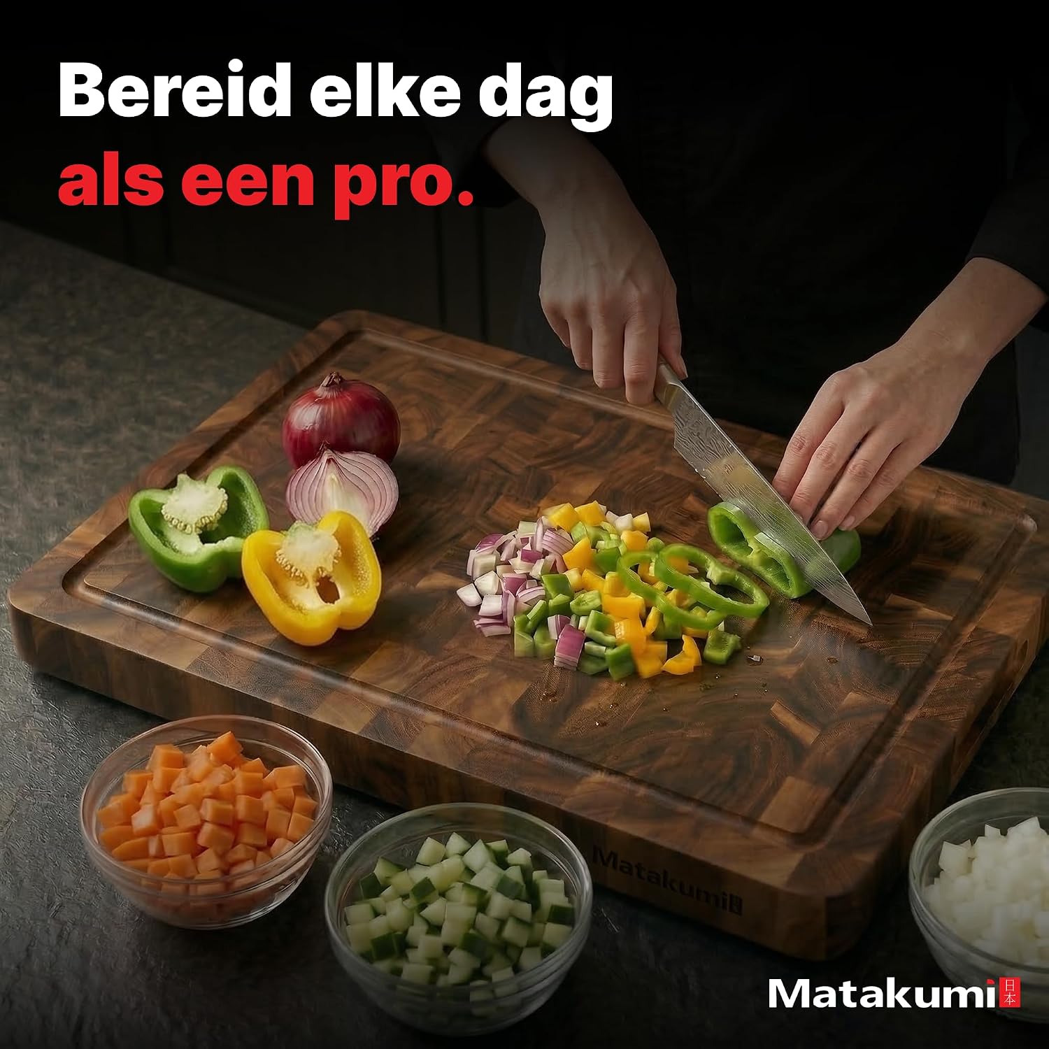 Thumbnail 6 de Matakumi snijplank van acaciahout met kopshout, sapgroef en zijgrepen