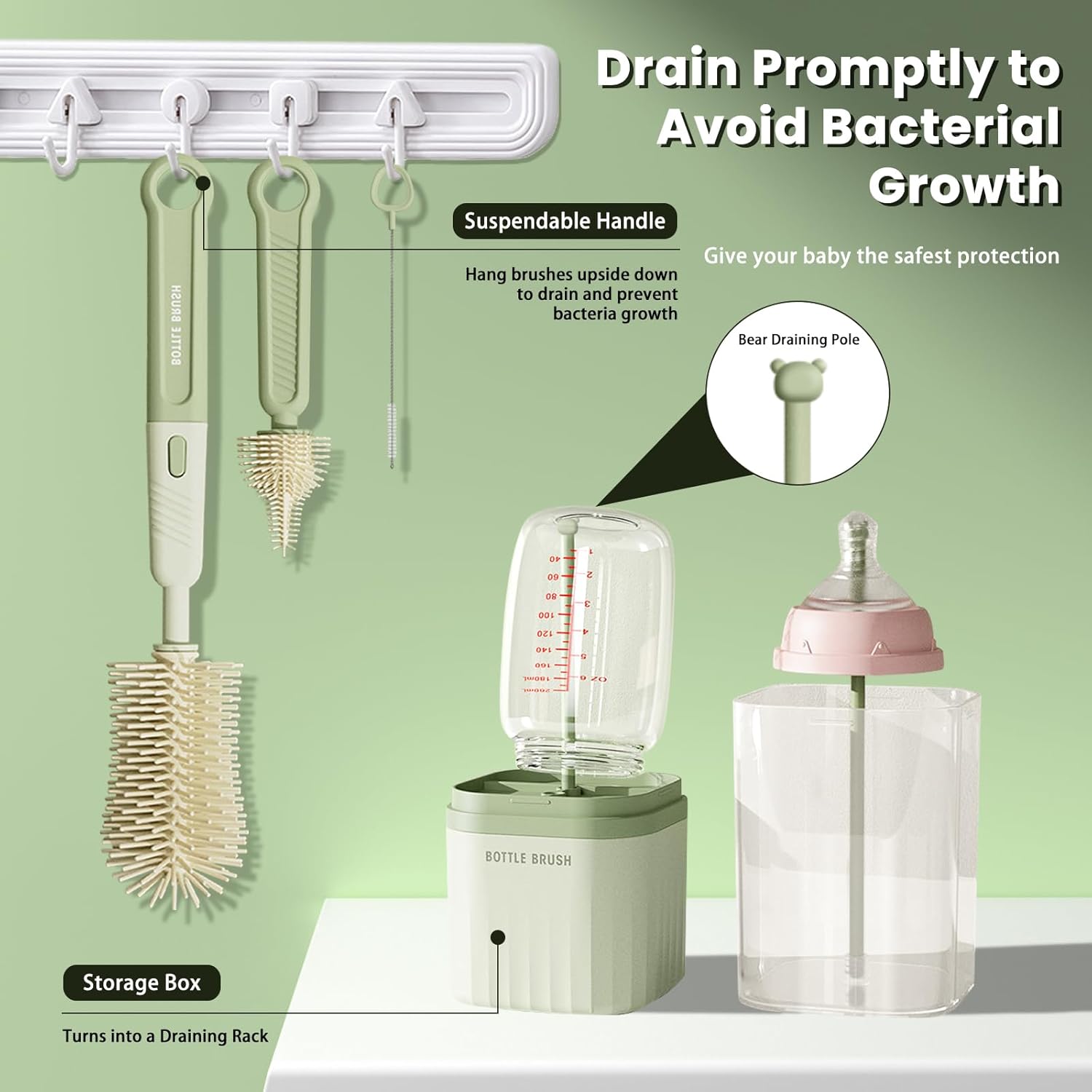 Thumbnail 4 de Baby Bottle Brush Cleaner Set – 360° Rotating 6‑in‑1 Silicone Kit with Travel Case
