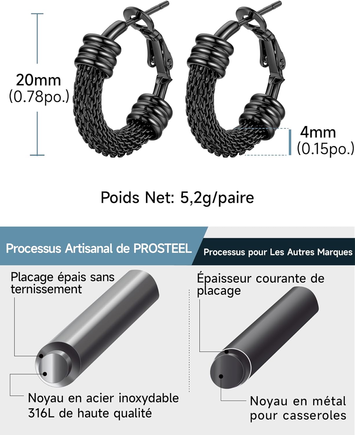 Thumbnail 4 de PROSTEEL Créoles en acier inoxydable 316L pour femme (anneaux de 20/30/40/60/80 mm) en plaqué or ou couleur noire