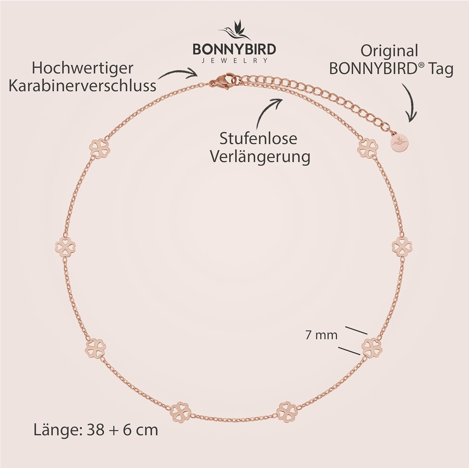 Detalle de BONNYBIRD Wasserfeste Edelstahl Halskette Damen – Kleeblatt, verstellbar 38–44 cm, Silber/Gold/Roségold