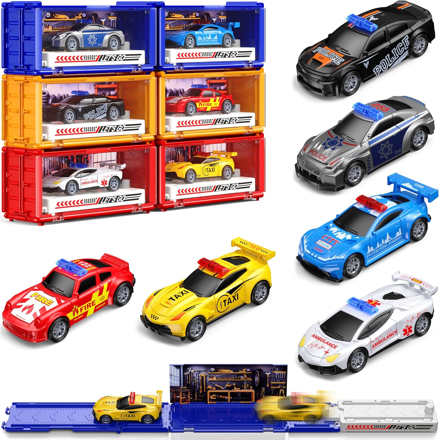 GoStock Auto Spielzeug Set – Metallrennwagen mit faltbarer Rennbahn und Garage