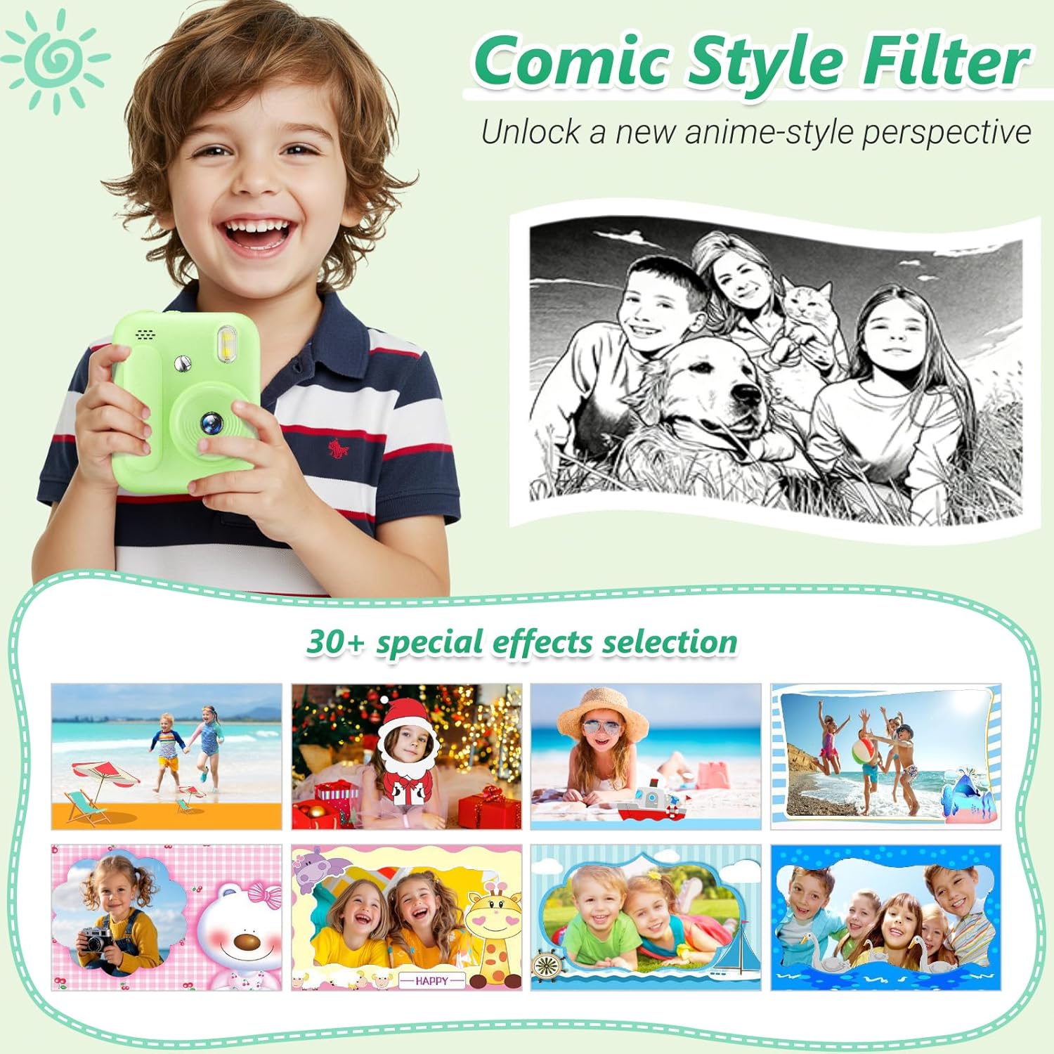 Detalle de Naxup Sofortbildkamera für Kinder – 1080P, Druckpapierfarben, 32GB & kreative Extras (Grün)