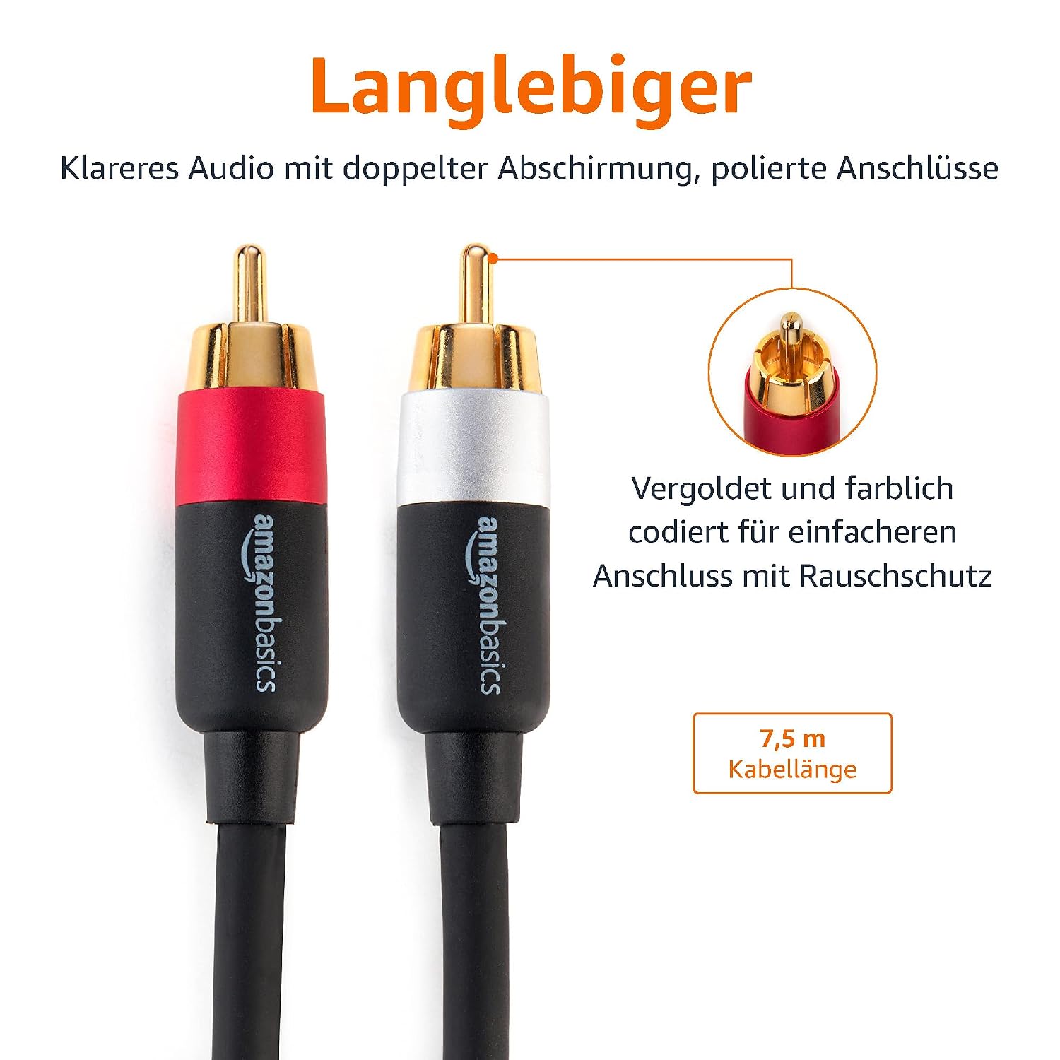 Detalle 2 de Amazon Basics RCA-Cinch-Kabel 2-Stecker auf 2-Stecker, 7,5 m, Anthrazit
