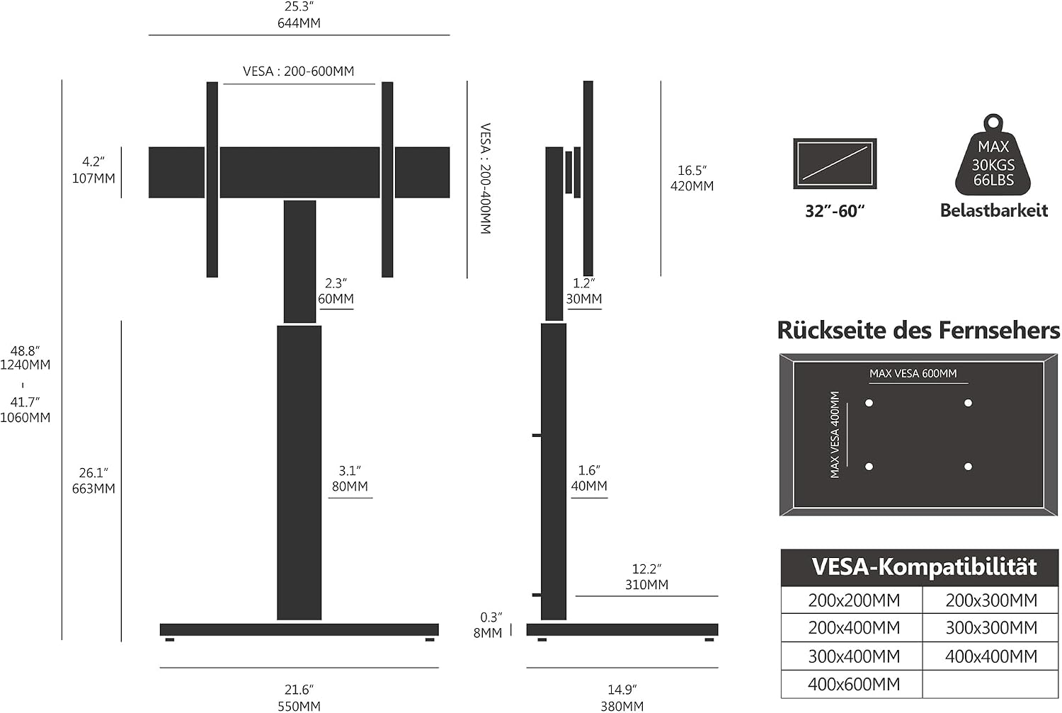 Detalle de FITUEYES TV Ständer mit Glasboden für 32–60 Zoll Fernseher, höhenverstellbar bis 1240 mm, max. 30 kg, VESA bis 600×400 mm – Weiß