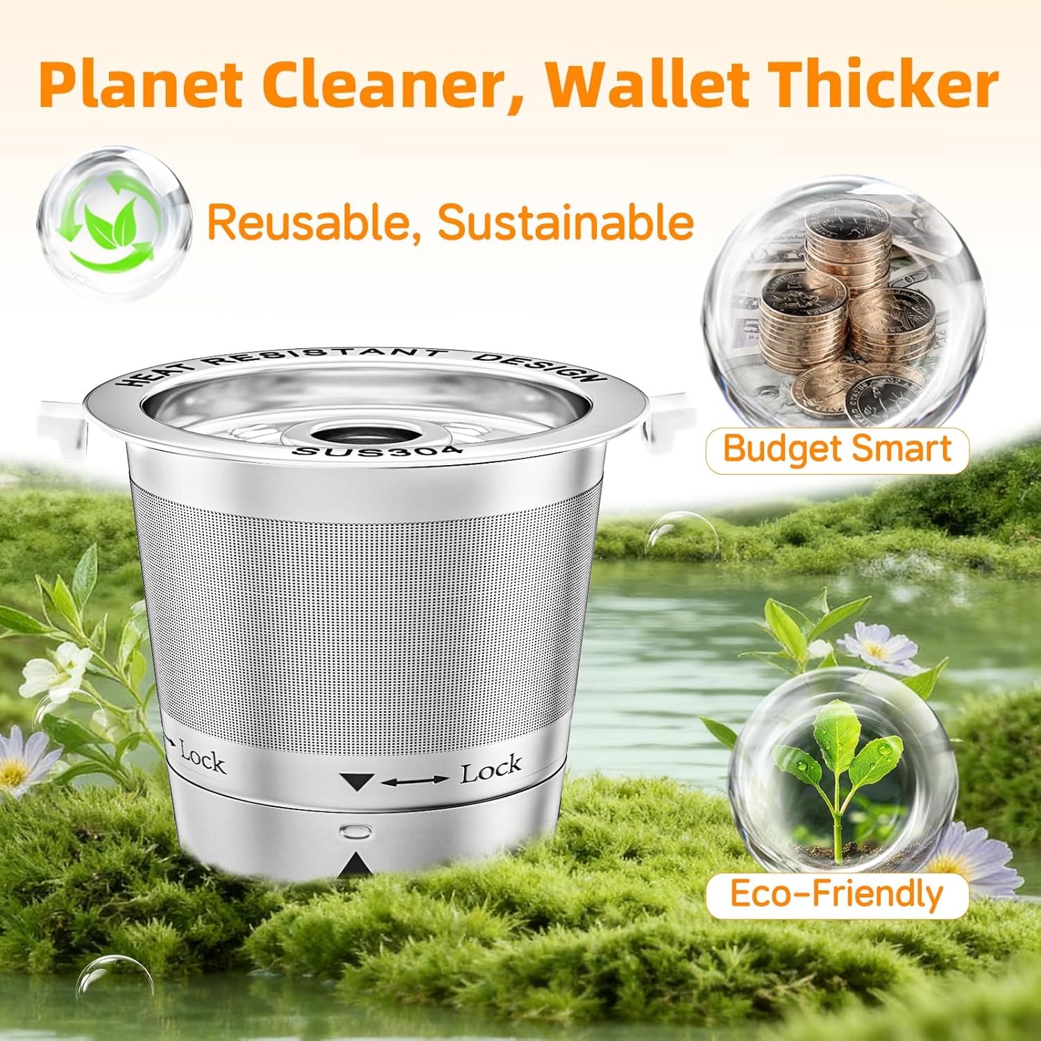 Detalle de 2 Pack Reusable K Cups for Keurig – All Stainless Steel, 1 Prong Machines (No Seal Gasket) with Filling Funnel & Cleaning Brush