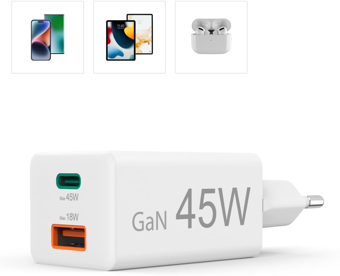 Detalle 2 de Chargeur rapide Hama 45W (PD + QC 3.0) à 2 ports, recharge optimisée pour iPhone, Samsung et MacBook – Blanc