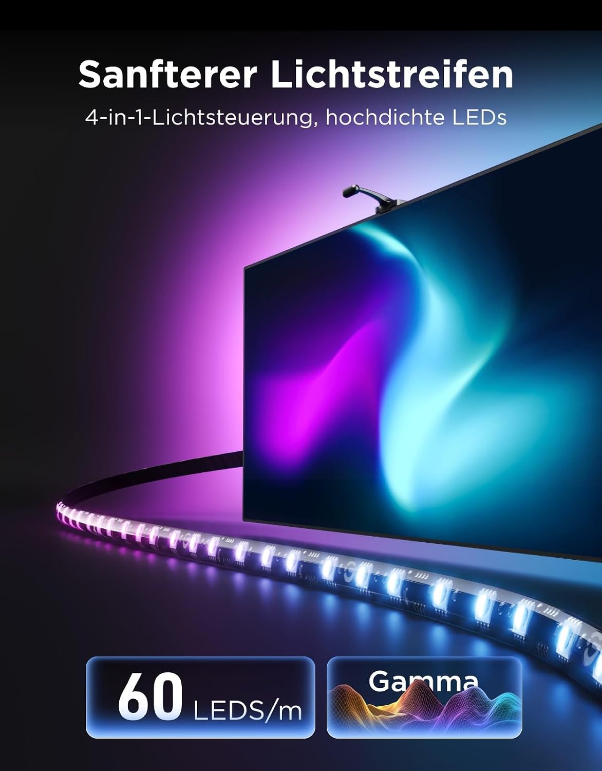 Detalle de Govee TV Hintergrundbeleuchtung 3 Dual-Kamera 5M – RGBWIC, 60 LEDs/m, 75–85 Zoll mit Matter-Unterstützung