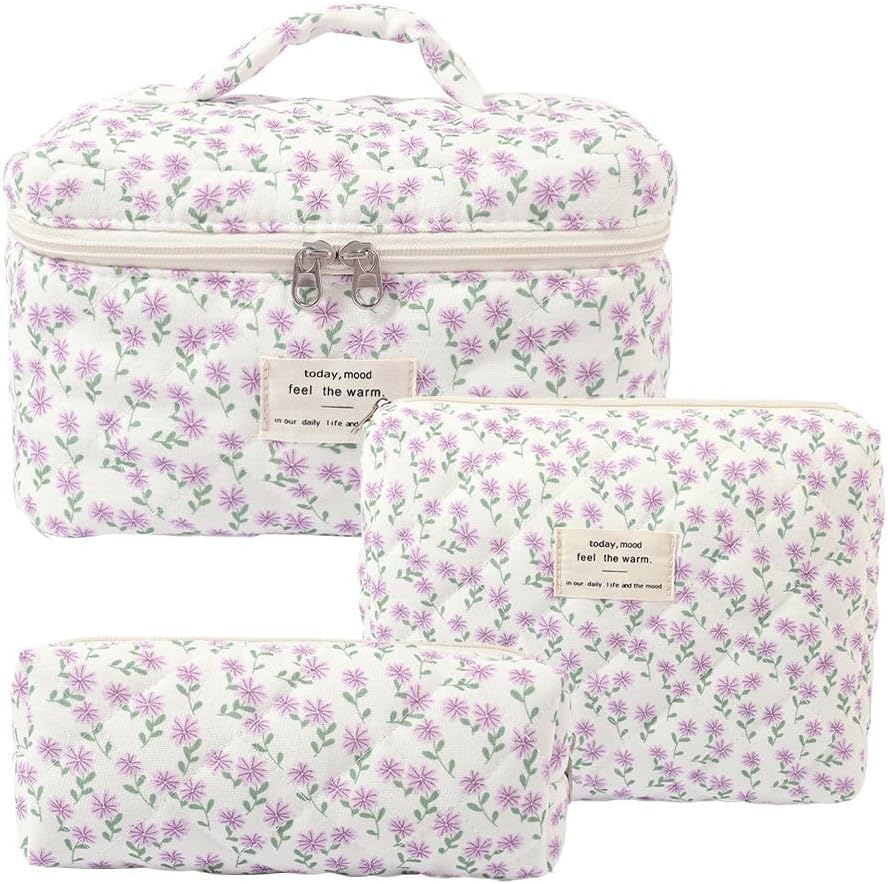Aucuu Grande Trousse de Maquillage — Lot de 3 Trousse de Toilette Femme Voyage en Coton with motifs floraux