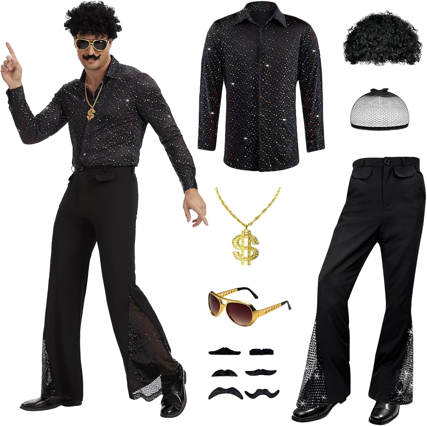 Detalle de KDAFJLKD 7-Piece 1970s Disco Costume for Men with Bell-Bottom Pants