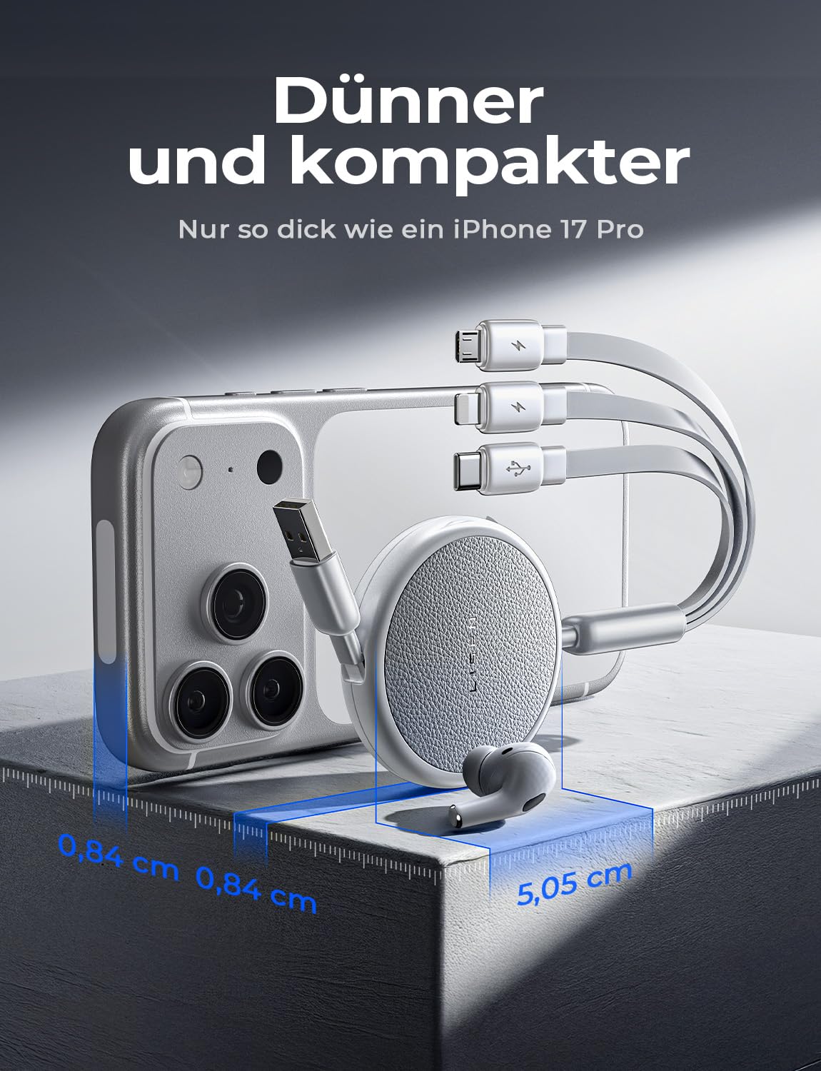 Detalle de LISEN Multi Ladekabel 1,2 m – 3-in-1 Schnellladekabel für iPhone & Co. (Lightning, USB-C, Micro-USB)