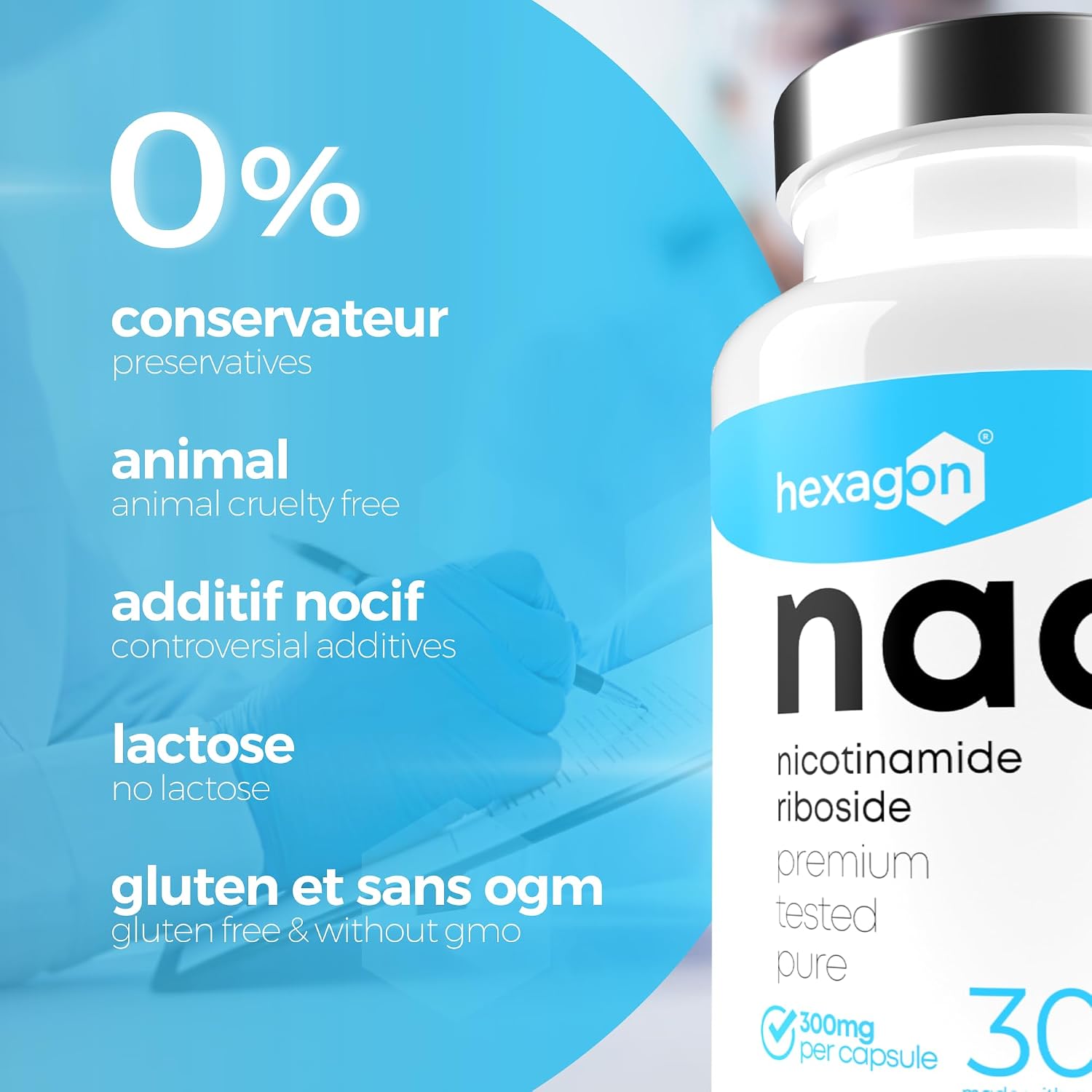 Thumbnail 6 de NAD+ Nicotinamide Riboside Chloride 300 mg – Cure d’un mois (30 gélules véganes) – Fabriqué en France
