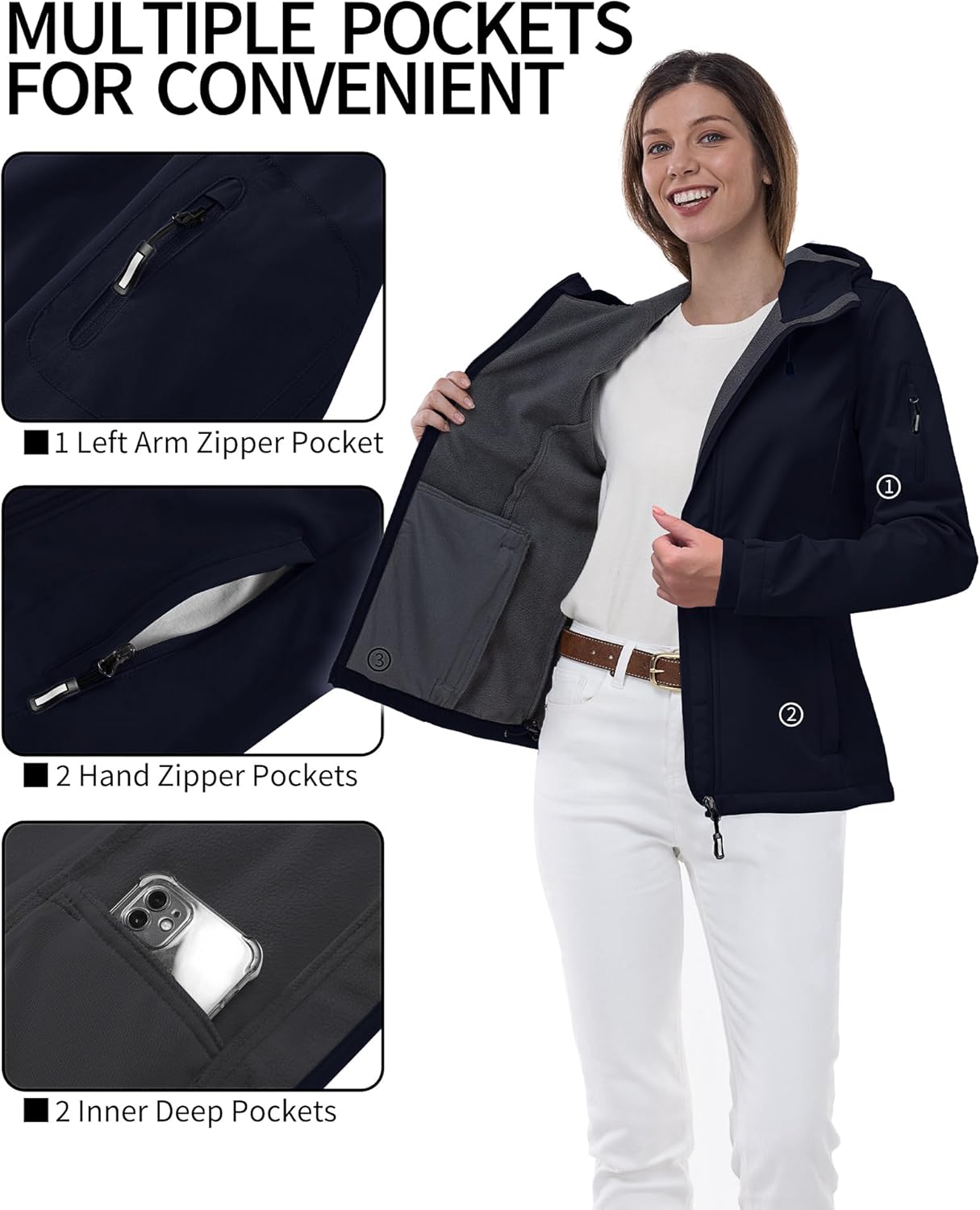 Detalle de Outdoor Ventures Damen Softshelljacke – Wasserdichte, atmungsaktive Übergangsjacke mit Kapuze