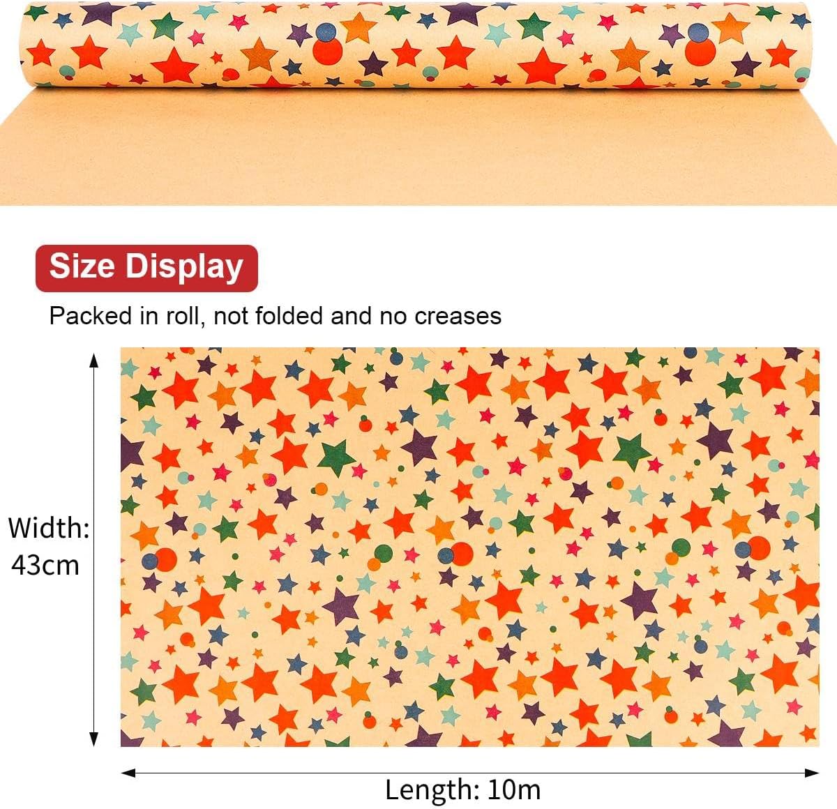 Detalle 2 de HBell Stars Wrapping Paper Roll (43cm x 10m) – Colourful Star Kraft Gift Wrap