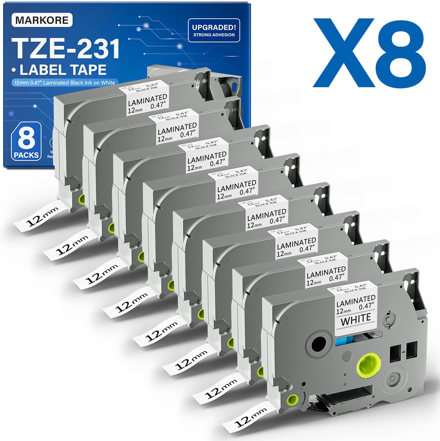 Detalle de markore TZe-231 Laminated Label Tape Refills, 12mm Black on White, 8-Pack