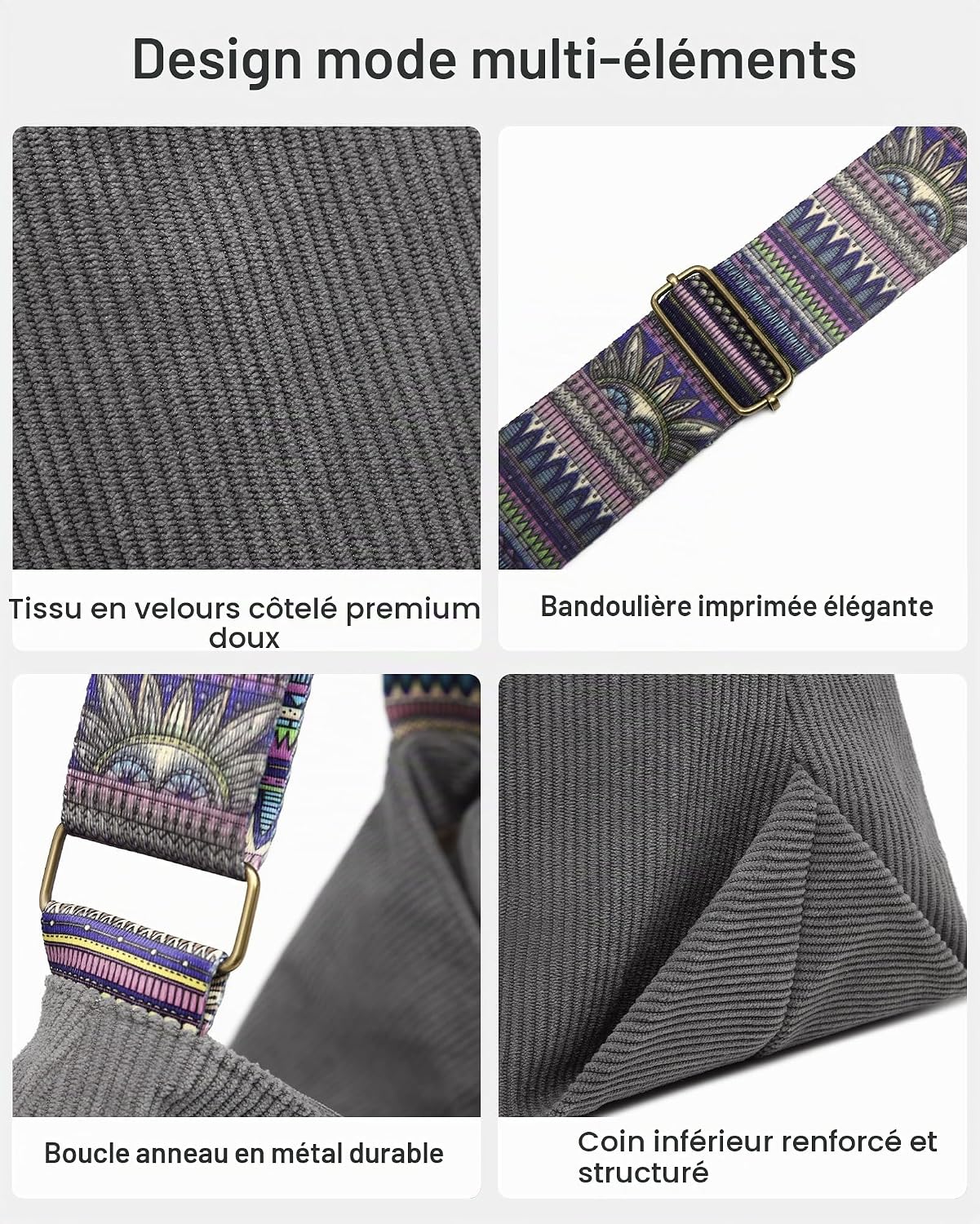 Detalle 2 de Makukke corduroy schoudertas voor dames met zachte vorm en knoopsluiting